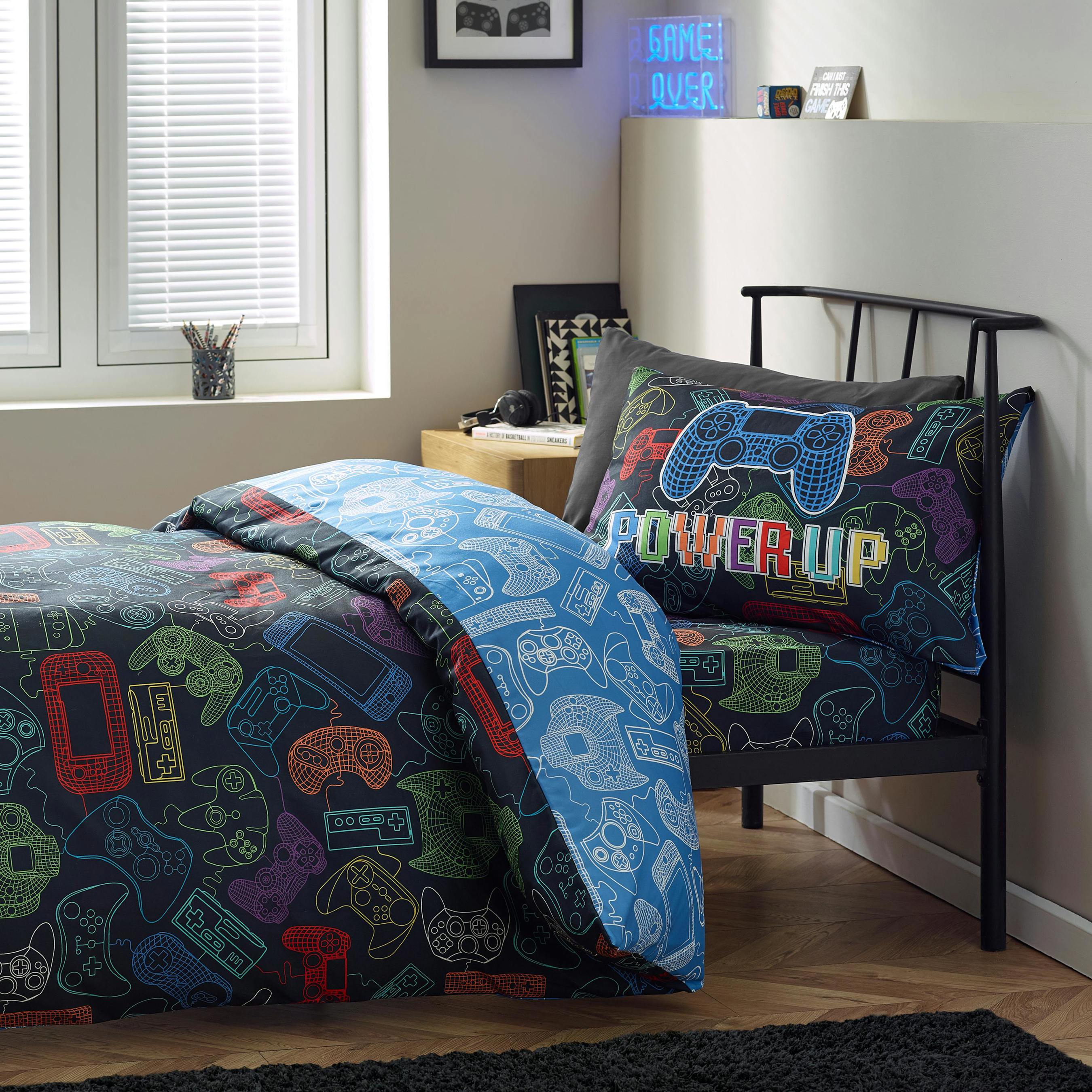 Photos - Bed Linen Catherine Lansfield Rackhams Power Up Gamer So Soft Duvet Cover Set Black - Single - Black 