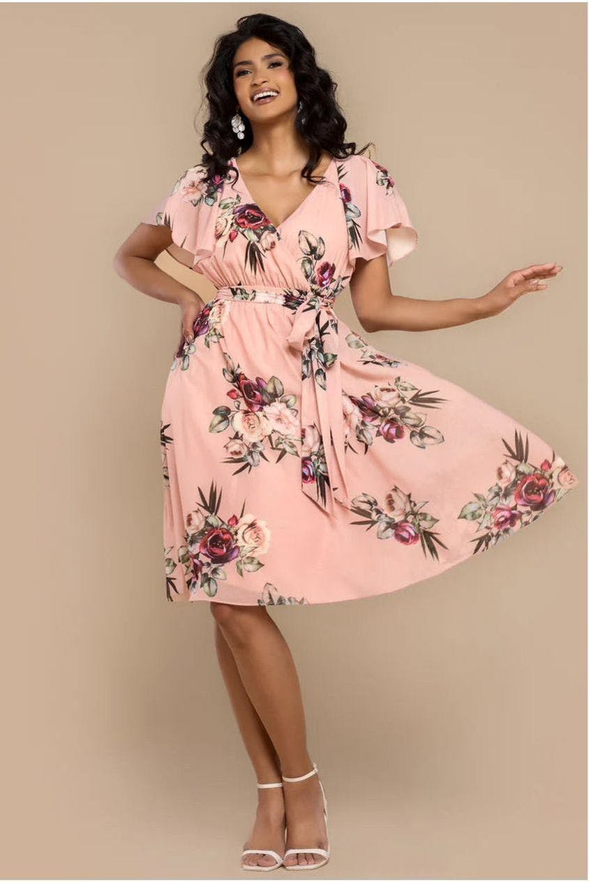 Goddiva Peach Sustainable Floral Print Midi Wrap Dress With Flutter Sleeves - By - 12