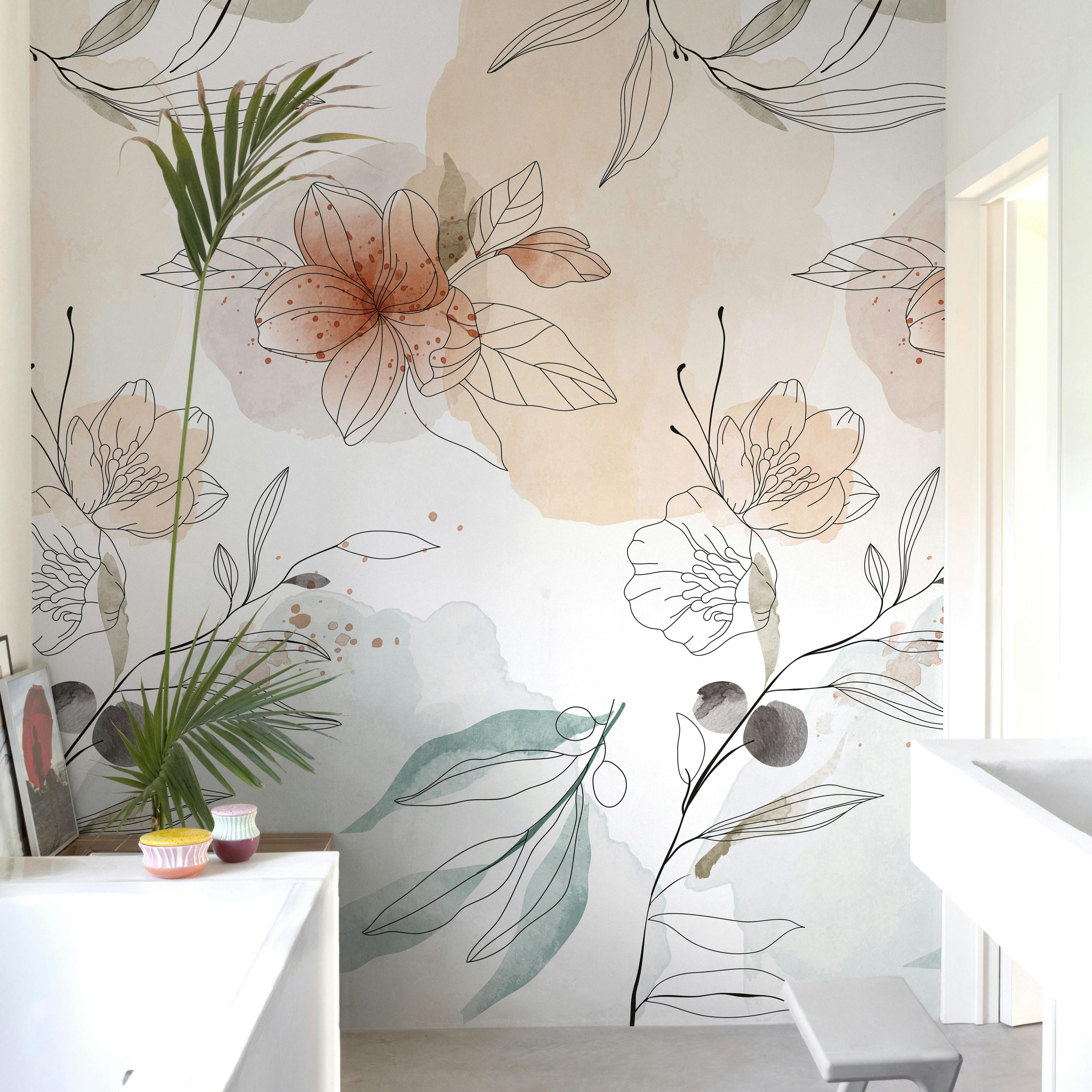Rackhams Whimsical Sketch Abstract Elegant Floral 3 Panel Repeatable Mural 1.59 X 2.8M Pastel