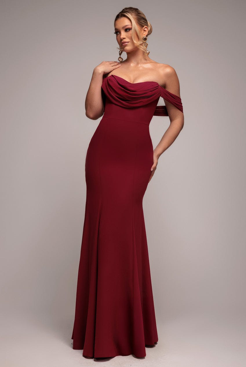 Goddiva Burgundy/Red Chiffon Bardot Cowl Neck Maxi Dress - By - 14
