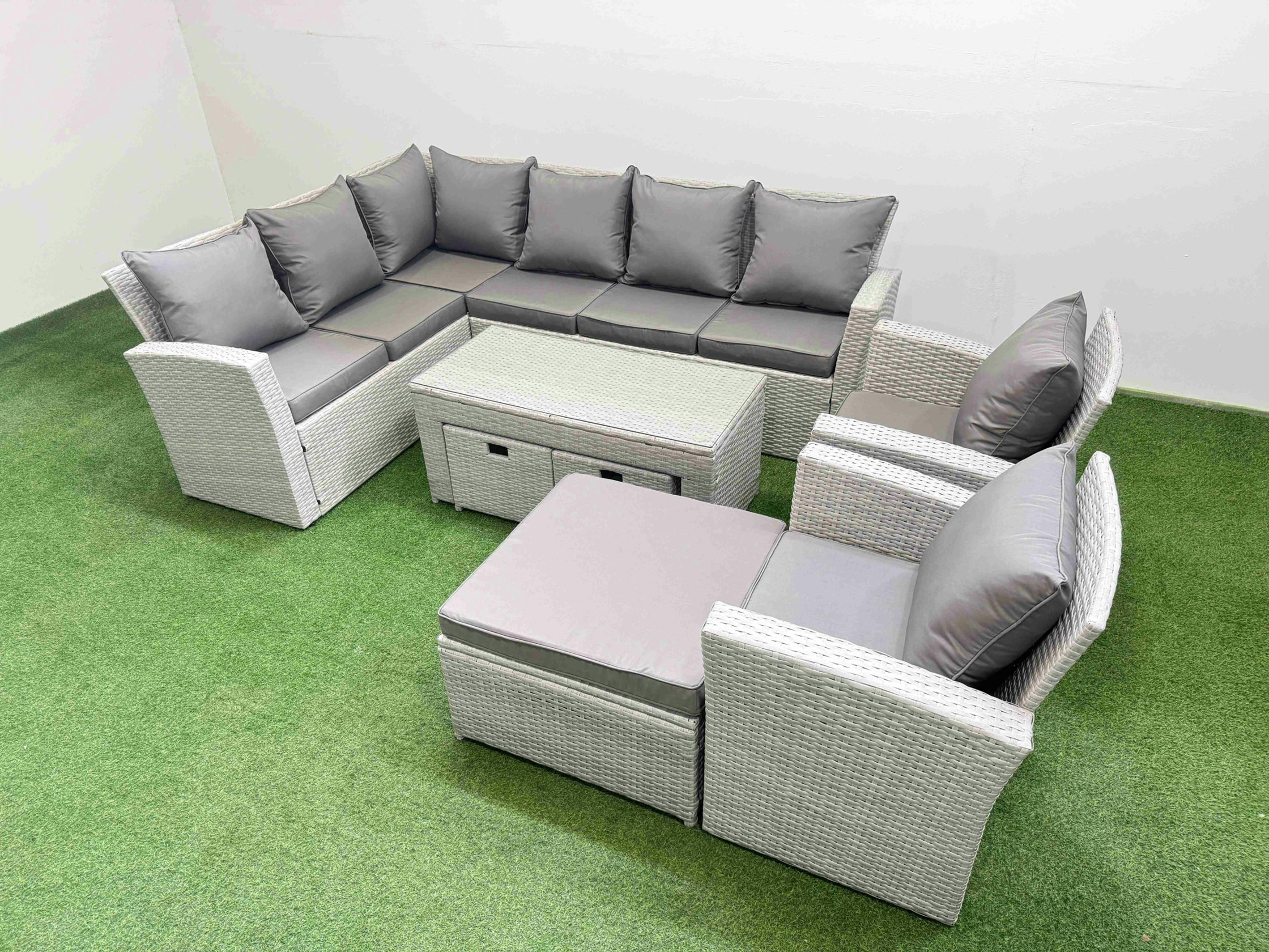 Fimous Light/Grey Rattan Garden Furniture Set Outdoor 11 Seater Corner Sofa Sets With Oblong Coffee Table Chair 3 Footstools Mixed