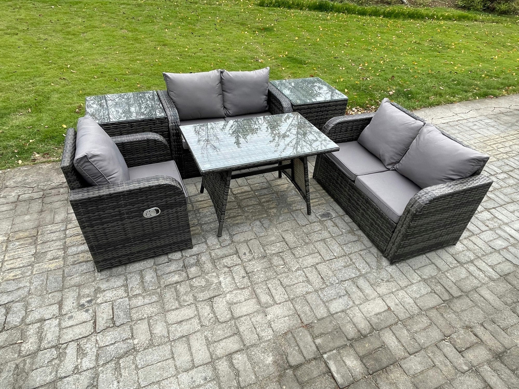 Rackhams Dark/Grey 6 Pieces Outdoor Garden Dining Sets Rattan Furniture With Dining Table Armchairs Love Sofa 2 Side Tables Mixed