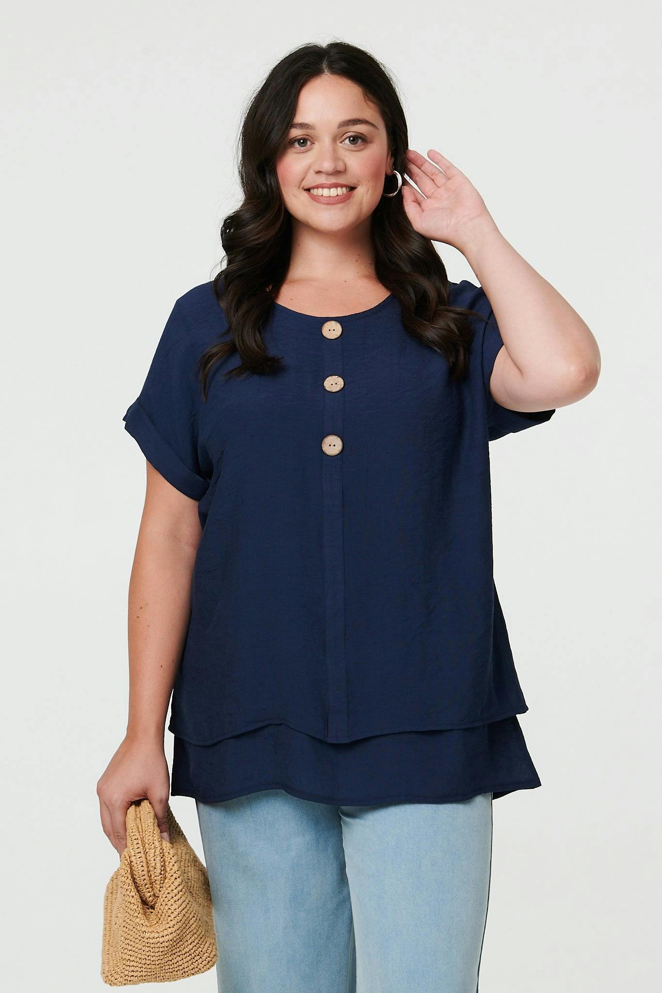 Izabel London Curve Layered Short Sleeve Tunic Top - 22 - Navy