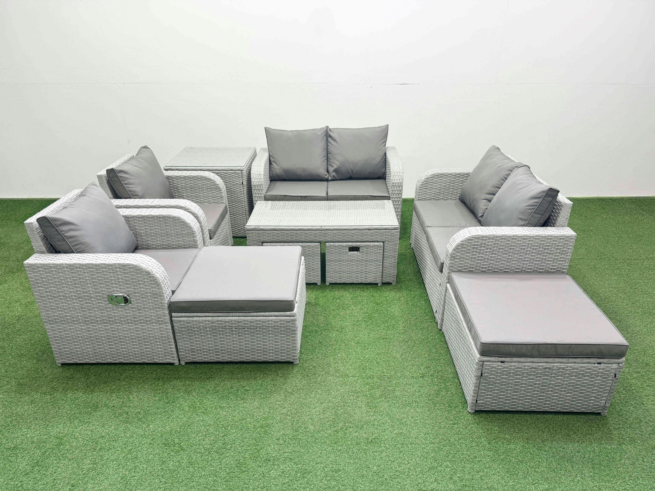 Fimous Light/Grey Pe Wicker Rattan Furniture Sofa Sets With Oblong Coffee Table Love Sofa Reclining Chair 4 Stools Side Table Mixed