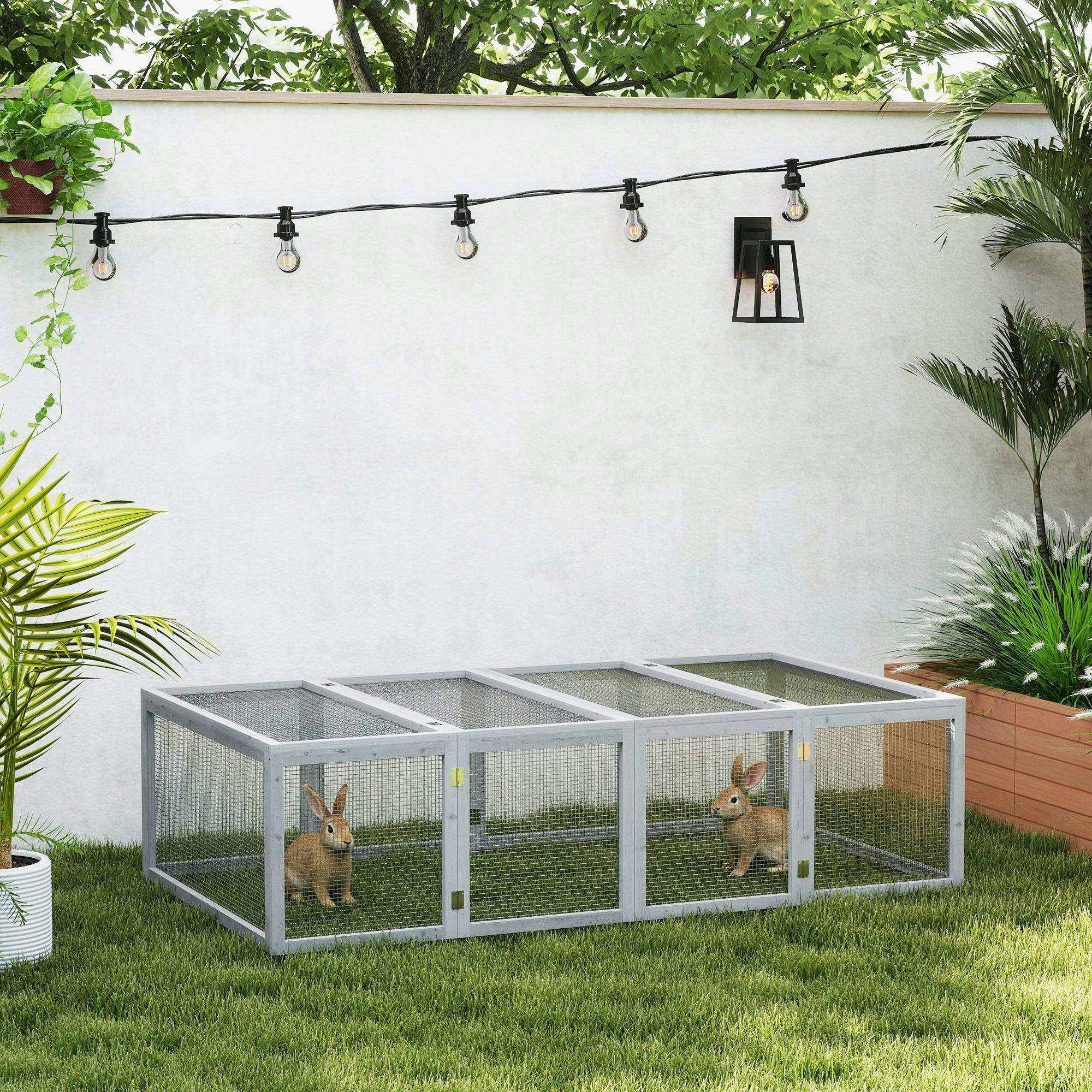 Pawhut Grey Wooden Rabbit Hutch Cage House With Wire Mesh,