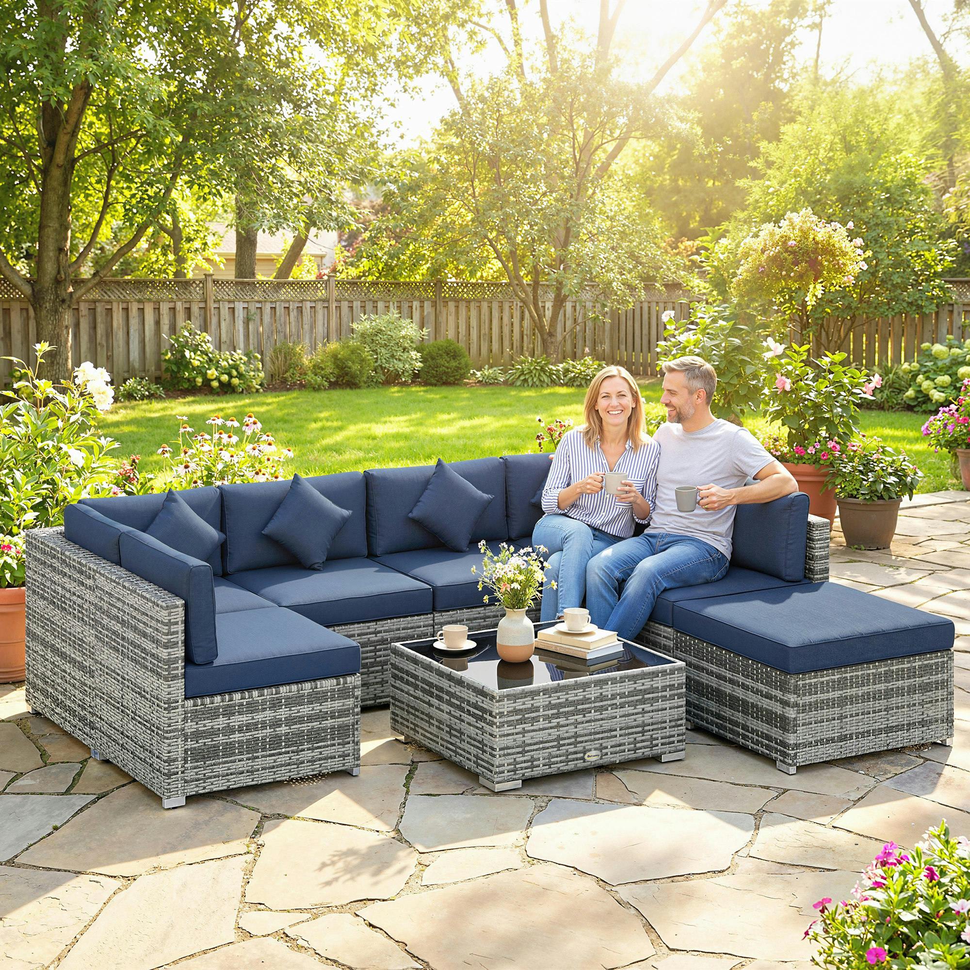 Rackhams Dark/Blue 8 Pieces Patio Rattan Sofa Set, Garden Furniture Set - Rattan Sofa Set - 8 - Pe Rattan, Steel, Tempered Glass