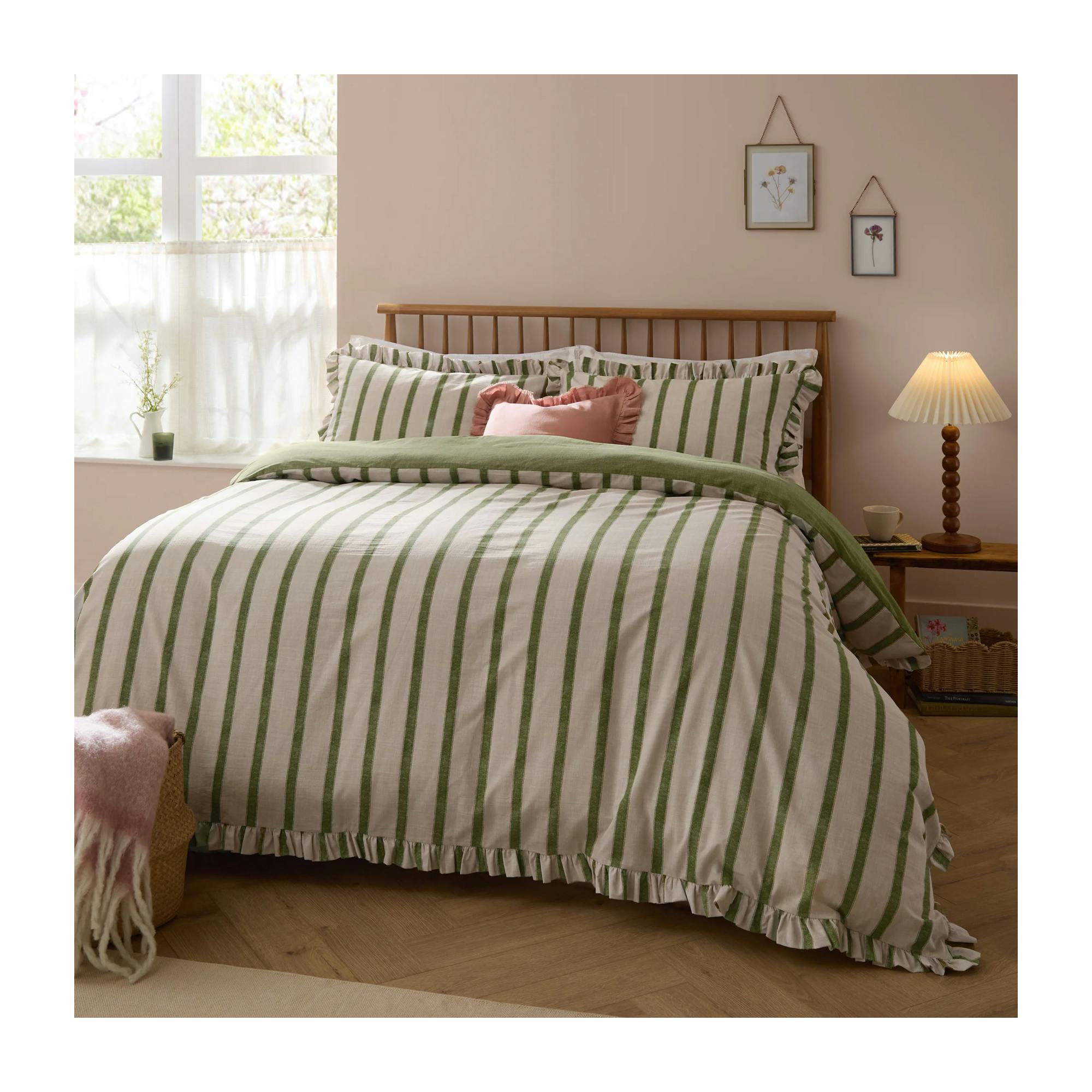 Wylder Connie Ruffles Striped Duvet Cover Set - Olive - King - Olive - 60% Cotton/40% Polyester