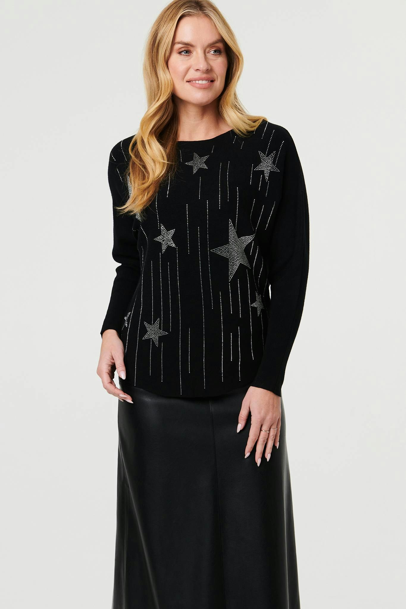 Izabel London Black Sparkly Star Front Batwing Sleeve Jumper - S/M