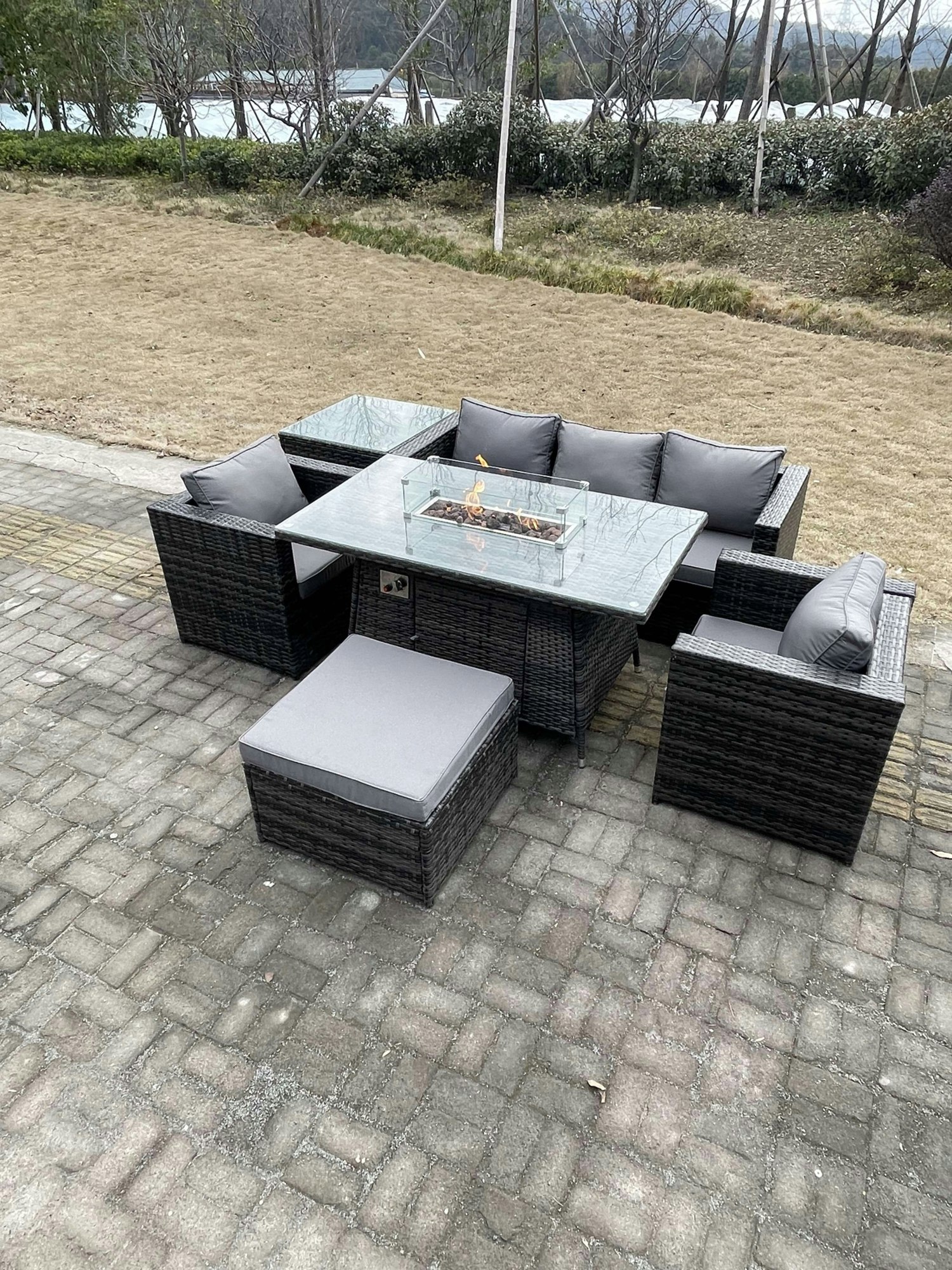 Rackhams Dark/Grey Outdoor Pe Rattan Garden Furniture Gas Fire Pit Dining Table Armchairs With High Side Coffee Table Big Footstool Mixed