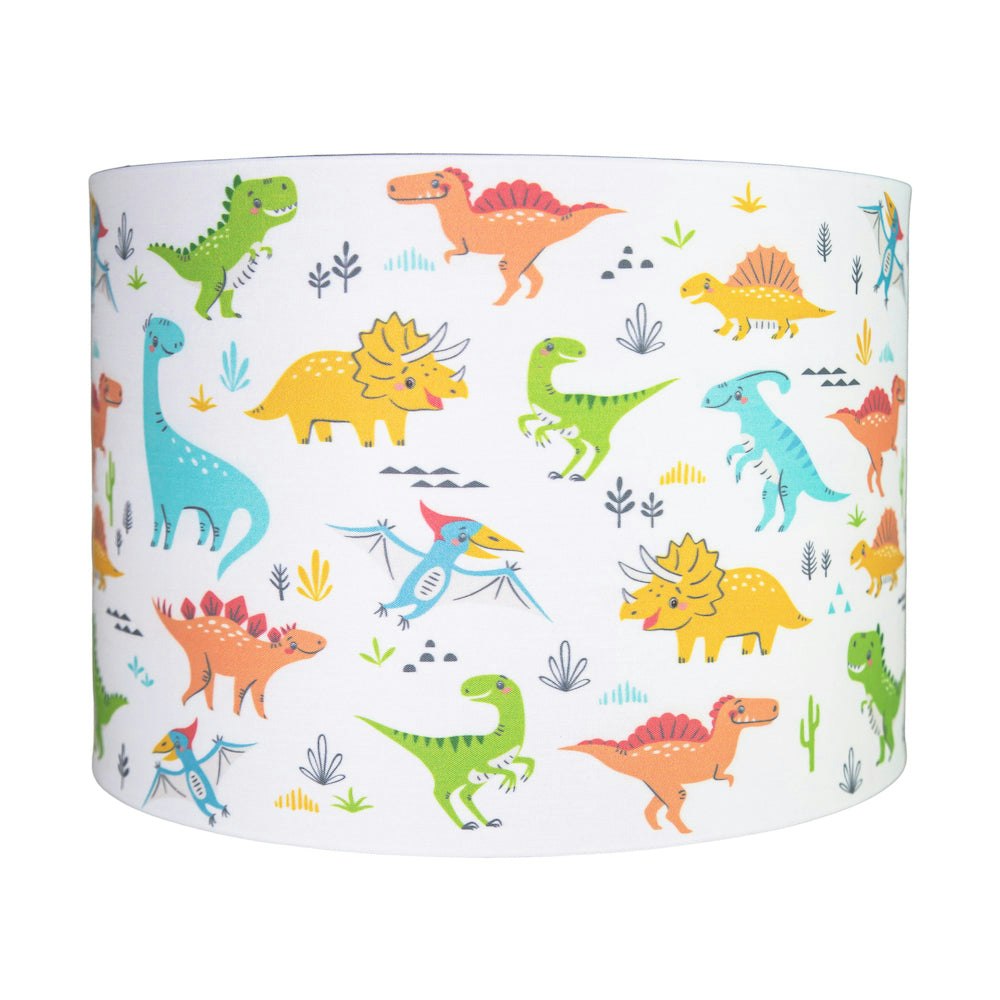 Happy Homewares White Modern And Colourful Dinosaurs Childrens Cotton Fabric Lamp Shade - 25Cm