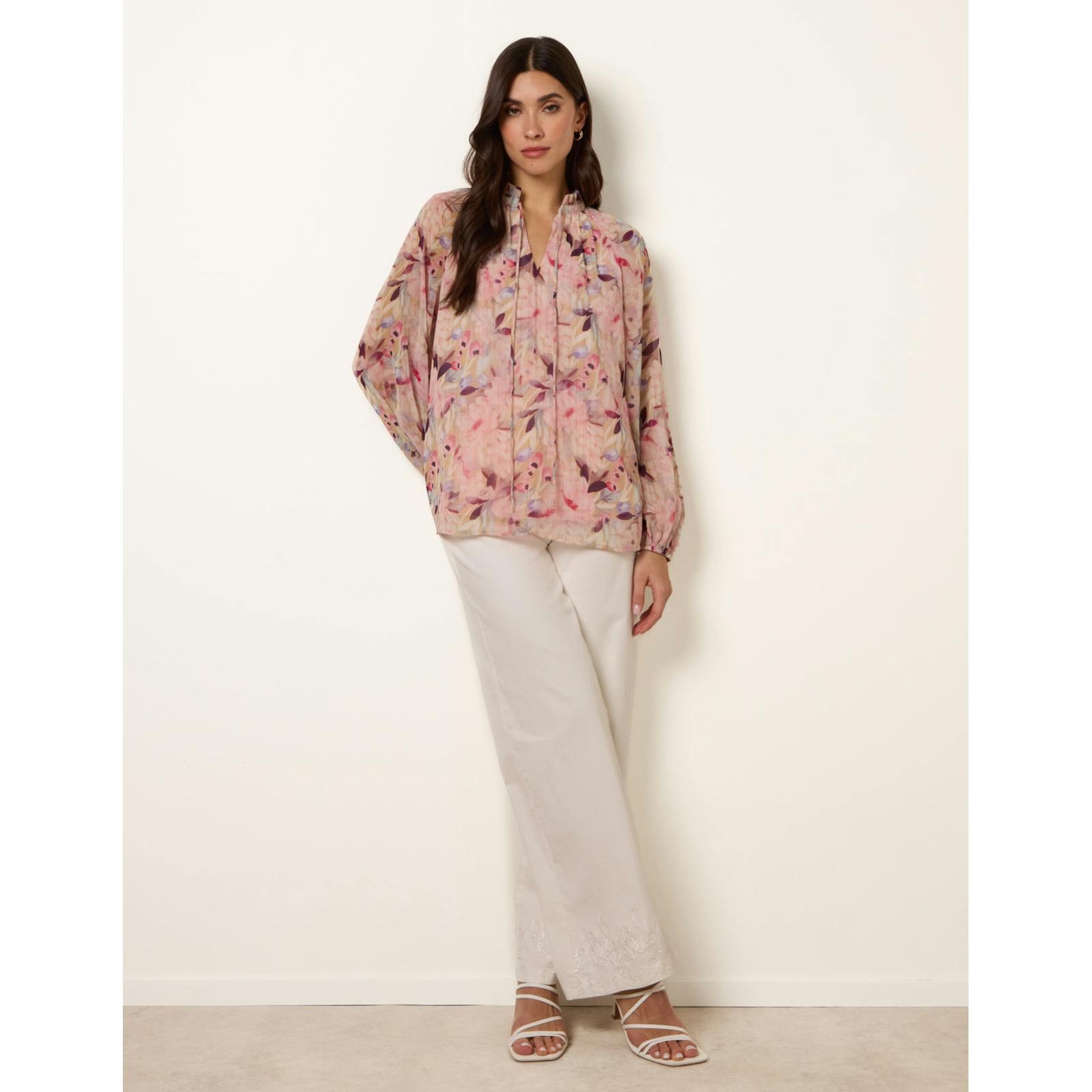 Blue Vanilla Blue/Pink Vanilla Watercolour Floral Printed Tie Front Blouse - S