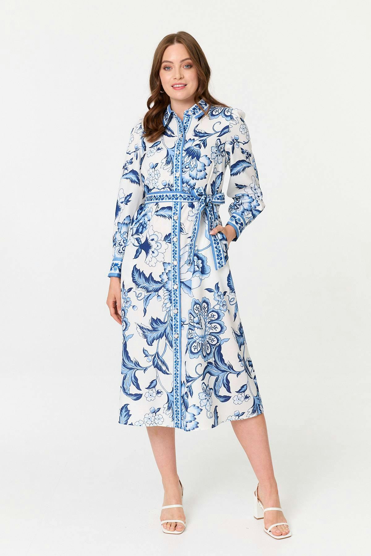 Izabel London Blue Floral Print Tie Belt Midi Shirt Dress - 14