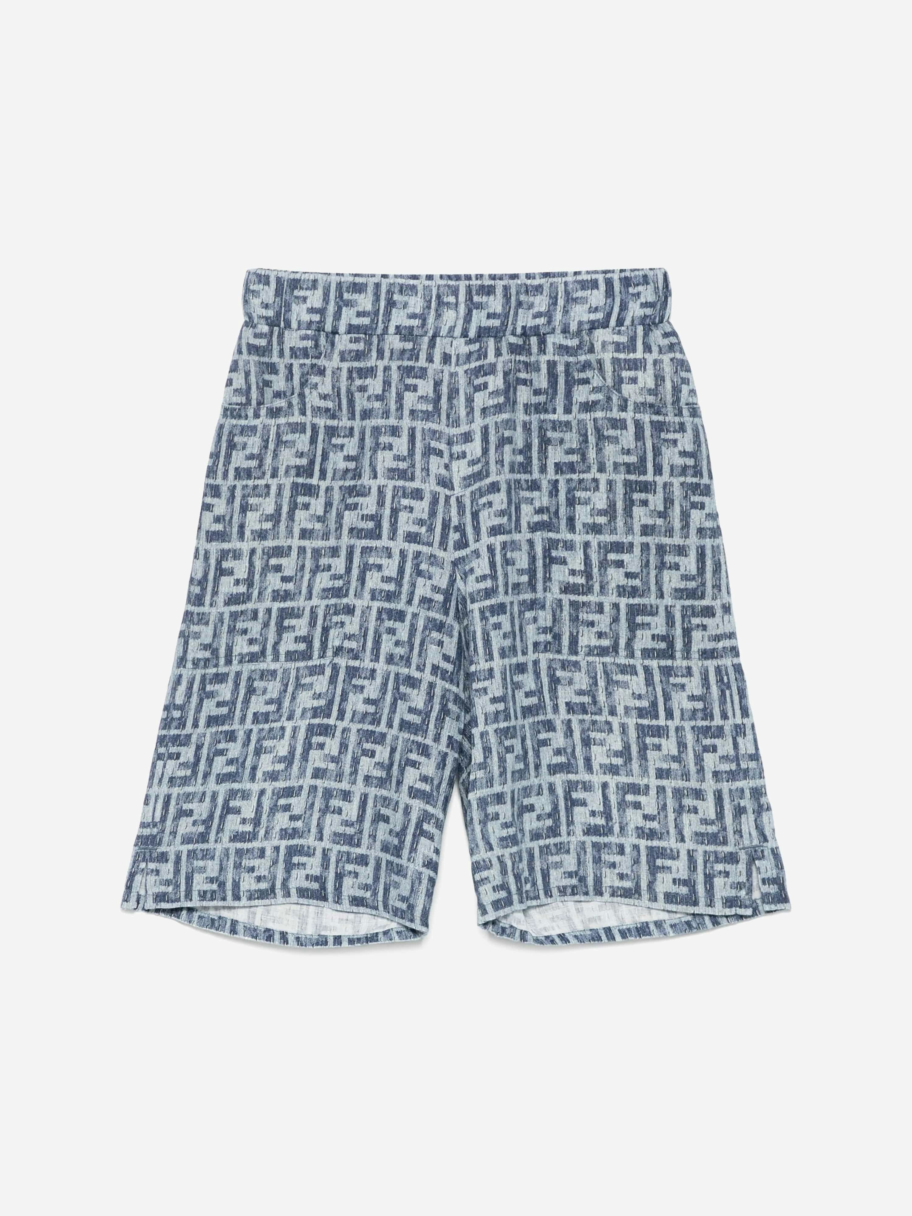 Fendi Kids Boys Blue Fendi Ff Linen Shorts In - 8 Yrs
