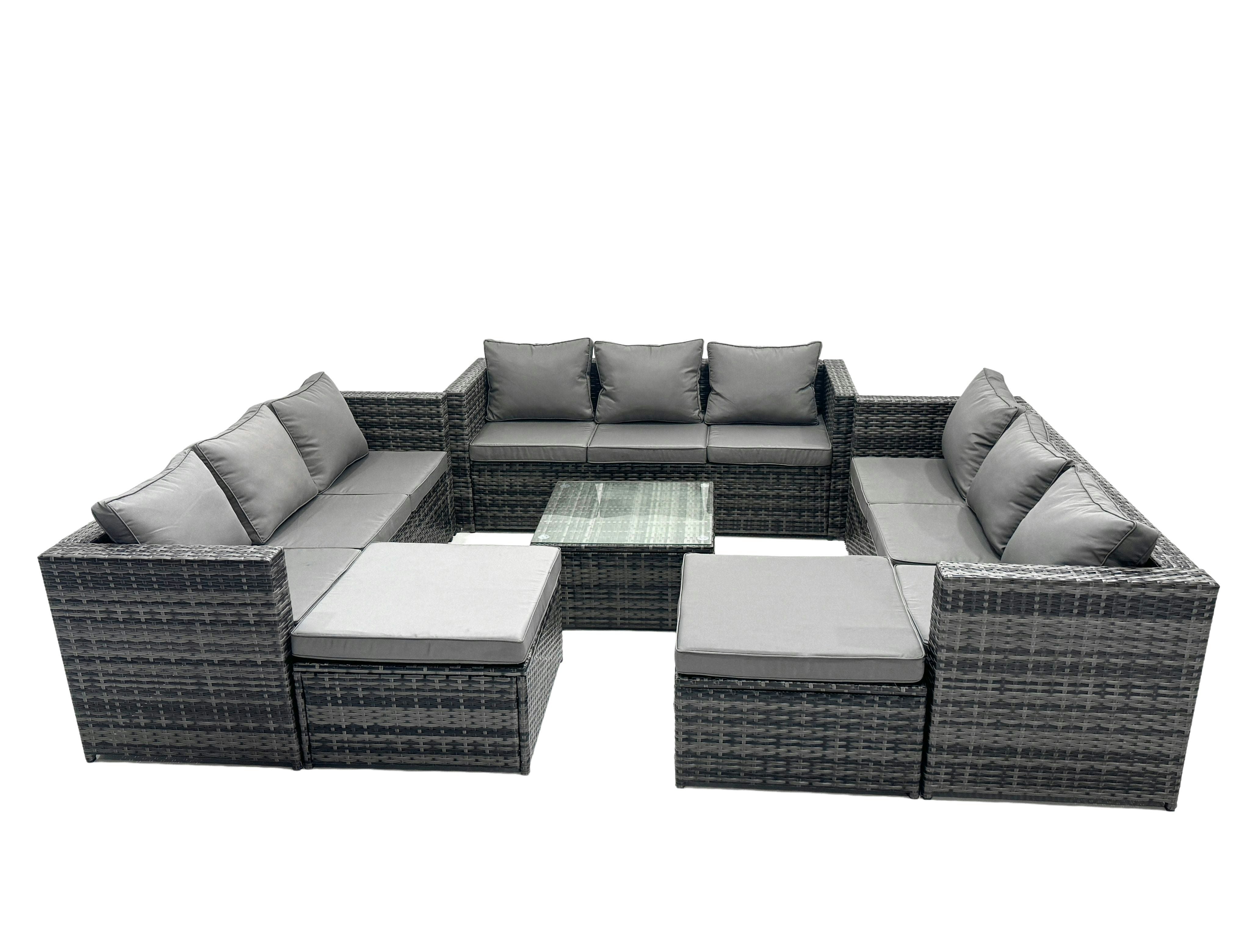 Rackhams Dark/Grey Outdoor Rattan Garden Furniture Set 11 Seater Patio Lounge Sofa Set With Square Coffee Table 2 Big Footstools Mixed