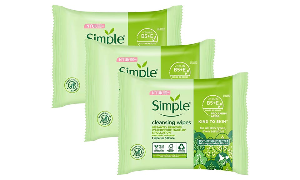 Simple Kind To Skin Cleansing Biodegradable Facial Wipes 25Pcs - 3 Pack