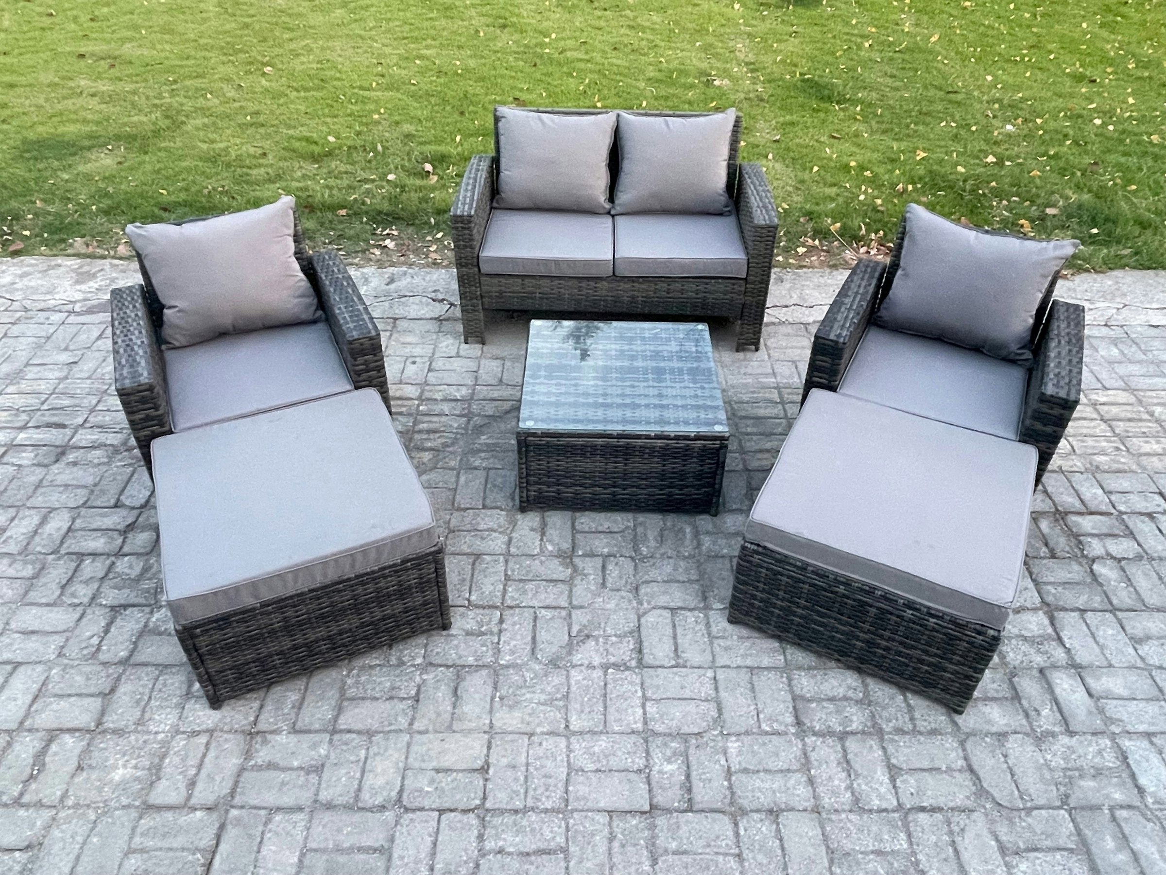 Rackhams Dark/Grey 6 Seater Rattan Outdoor Garden Furniture Sofa Set Table & Chairs With 2 Big Footstool Mixed