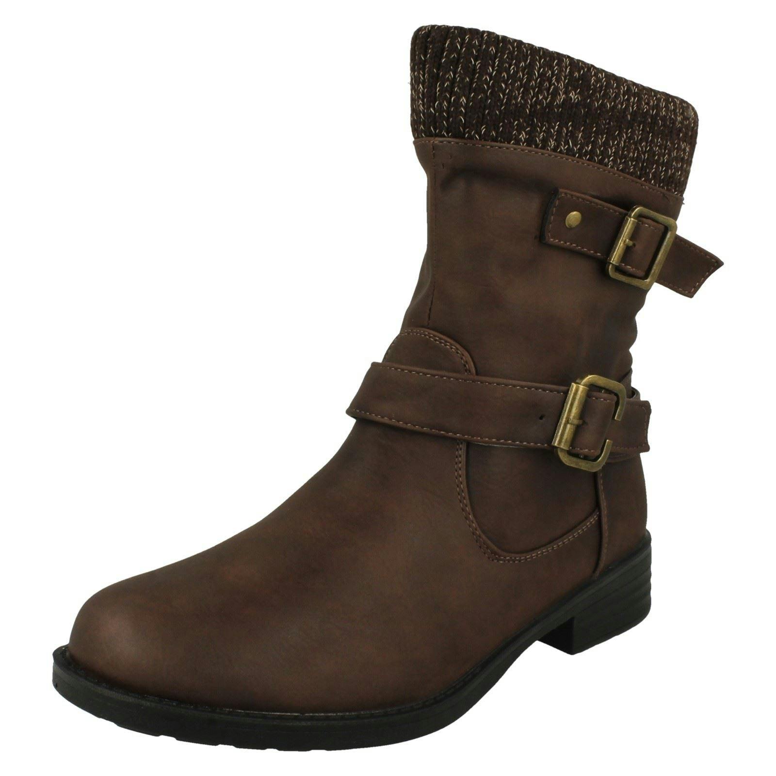 Spot On Women's Brown Warm Lined Buckle Detailed Mid Calf Boots F51182 - Uk 5