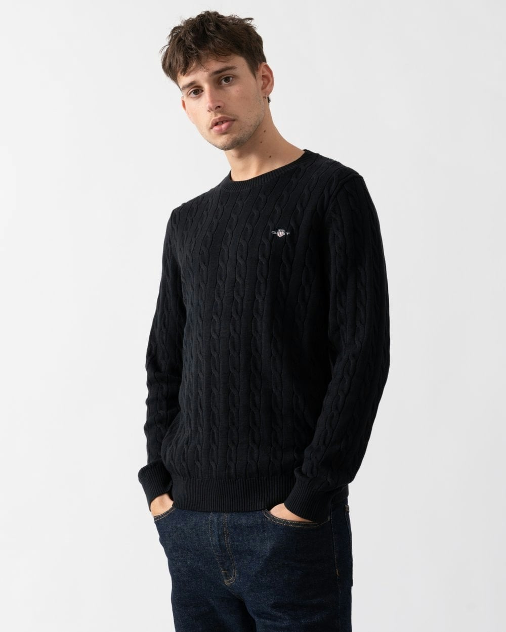 Gant Men's Black Cotton Cable Knit Crew Neck Jumper - 5 - 5 - S