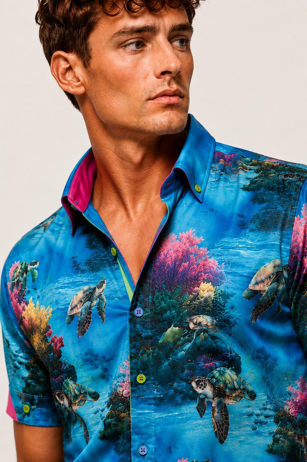 Claudio Lugli Blue Tropical Reef Turtle Print Short Sleeve Shirt - 6XL