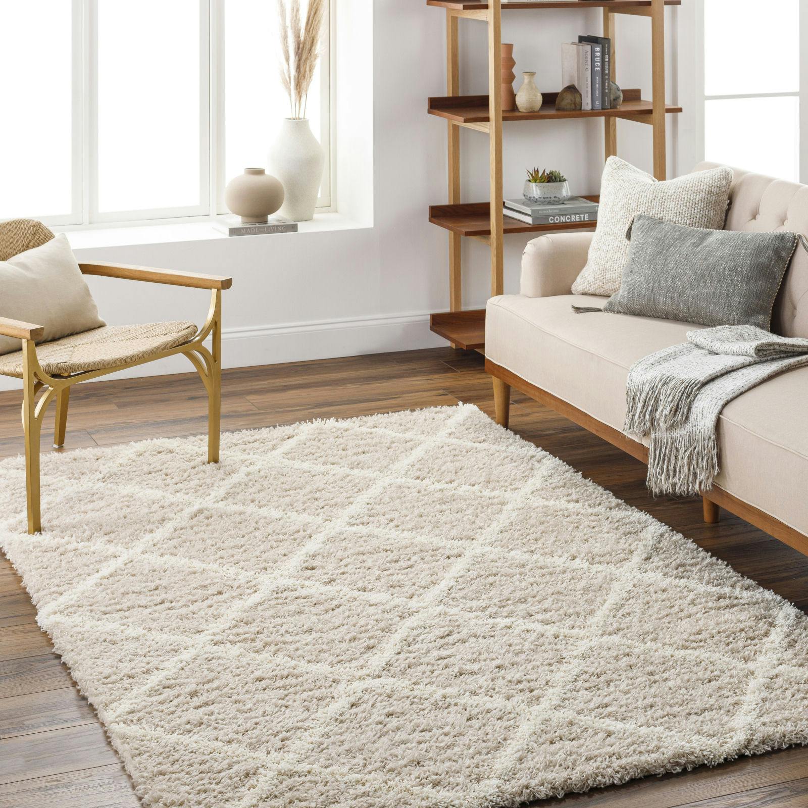 Photos - Area Rug Rackhams Urban Shag-Geometric Beige Ivory Cream Soft Plush Pile Rug - 160 x 220 cm