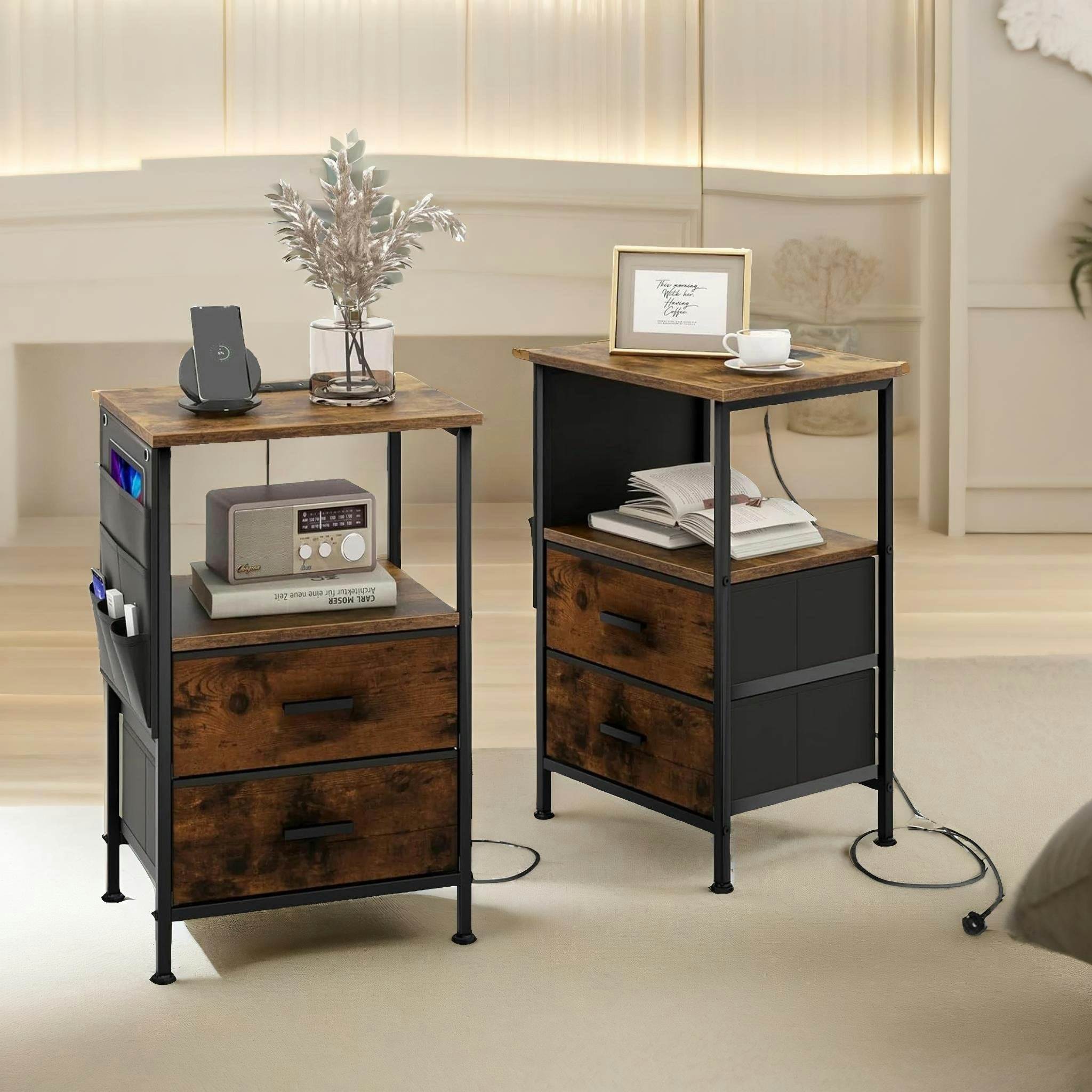 Rafaelo Mobilia Brown Set Of 2 Bedroom Bedside Nightstand Tables With Charging Station Rustic