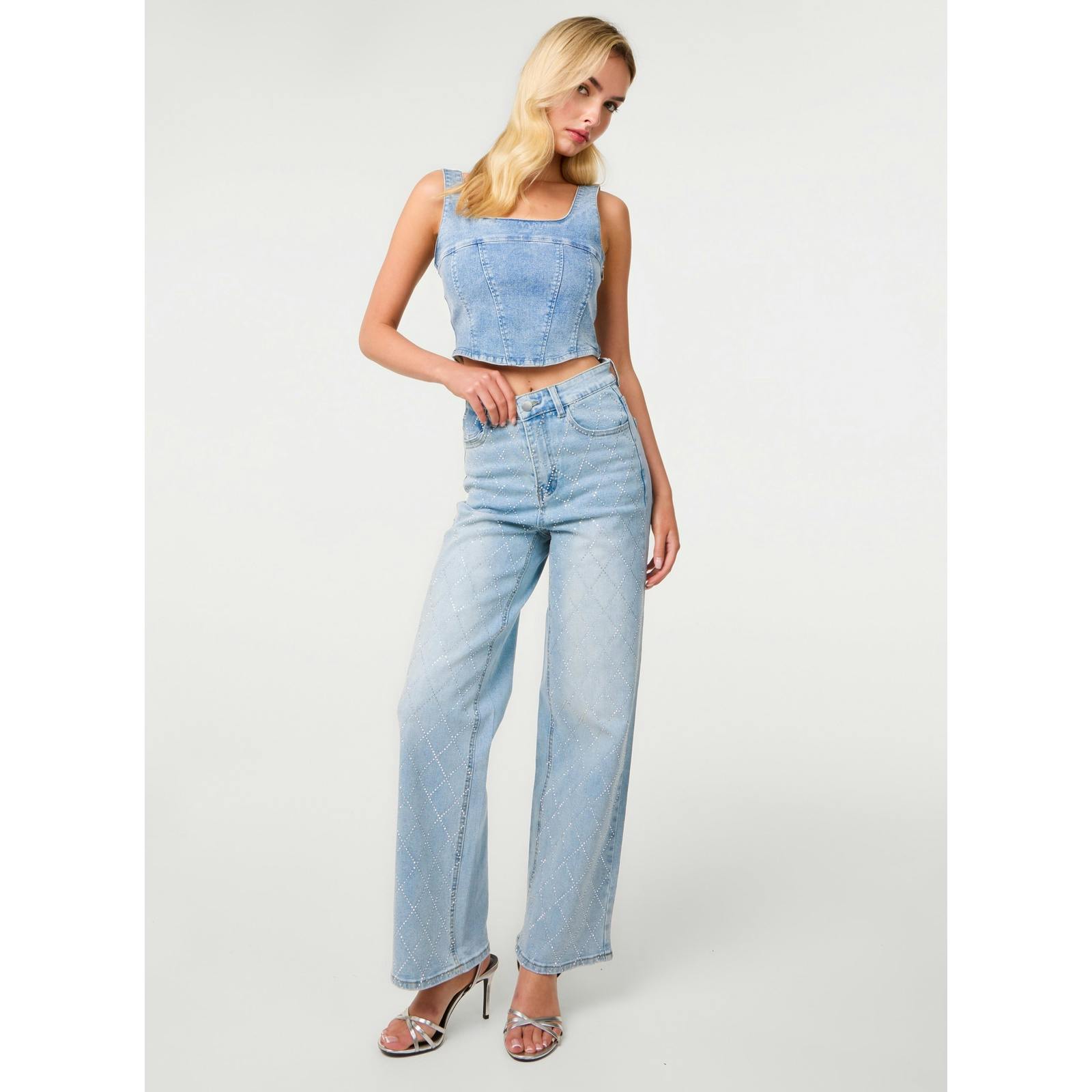 Pink Vanilla Women's Light Blue Studded Diamond Jeans | Size: 8 - Image 2