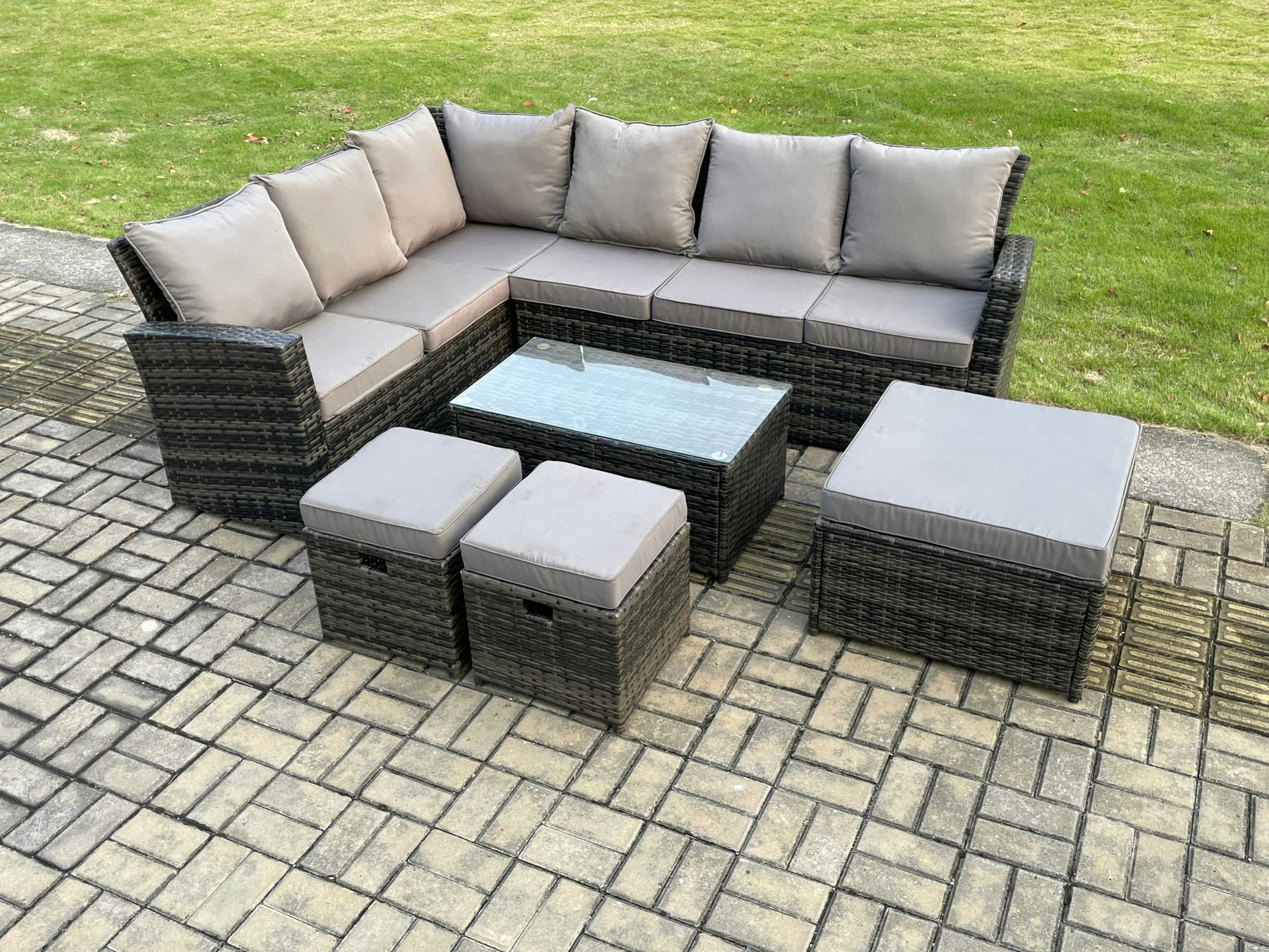 Rackhams Dark/Grey 9 Seater High Back Outdoor Garden Furniture Set Rattan Corner Sofa Set With Rectangular Coffee Table 3 Footstools Mixed