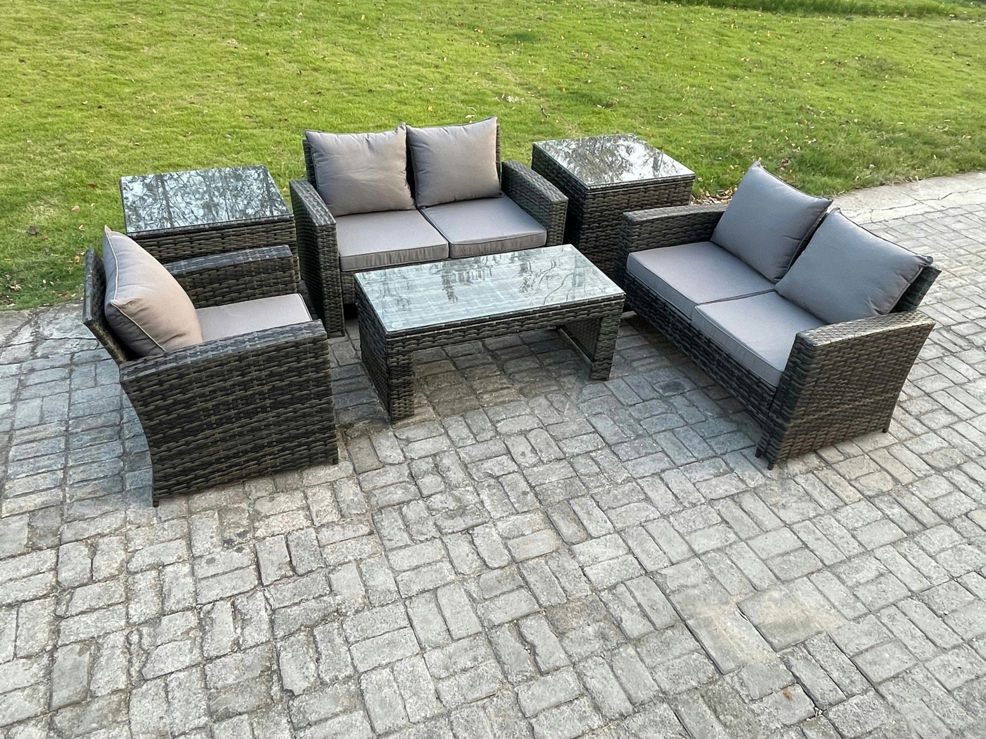 Rackhams Dark/Grey 6Pcs Rattan Outdoor Garden Furniture Sofa Set With Coffee Table 2 Side Tables Mixed