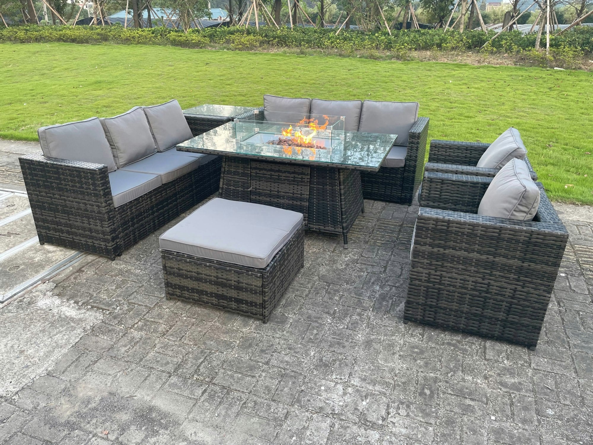 Fimous Dark/Grey 9 Seater Outdoor Rattan Garden Furniture Gas Fire Pit Table Sets Gas Heater Lounge Chairs Big Footstool