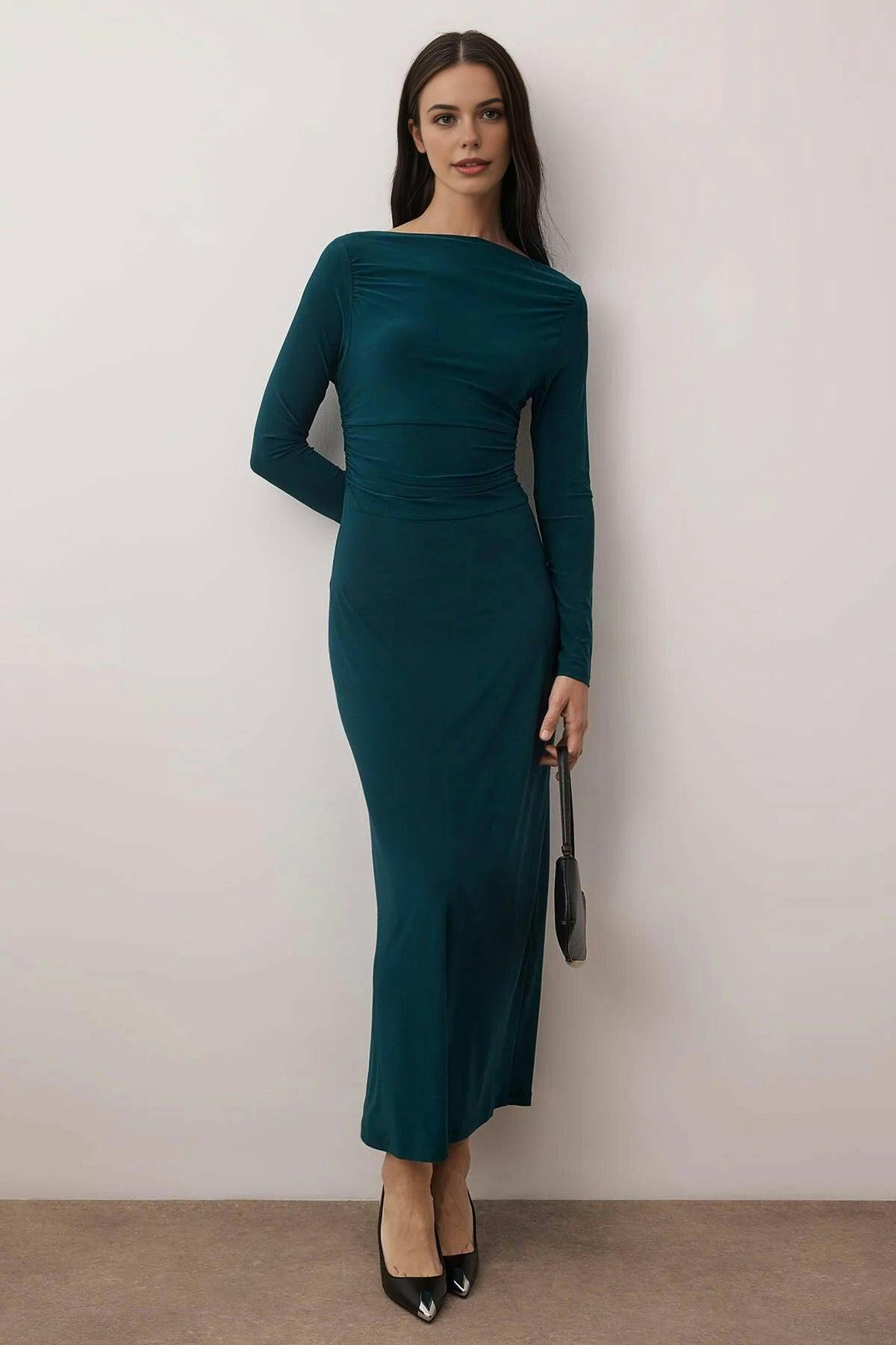 Wovcor Green Gathered Detail Stretchy Midi Knit Dress - Emerald - S