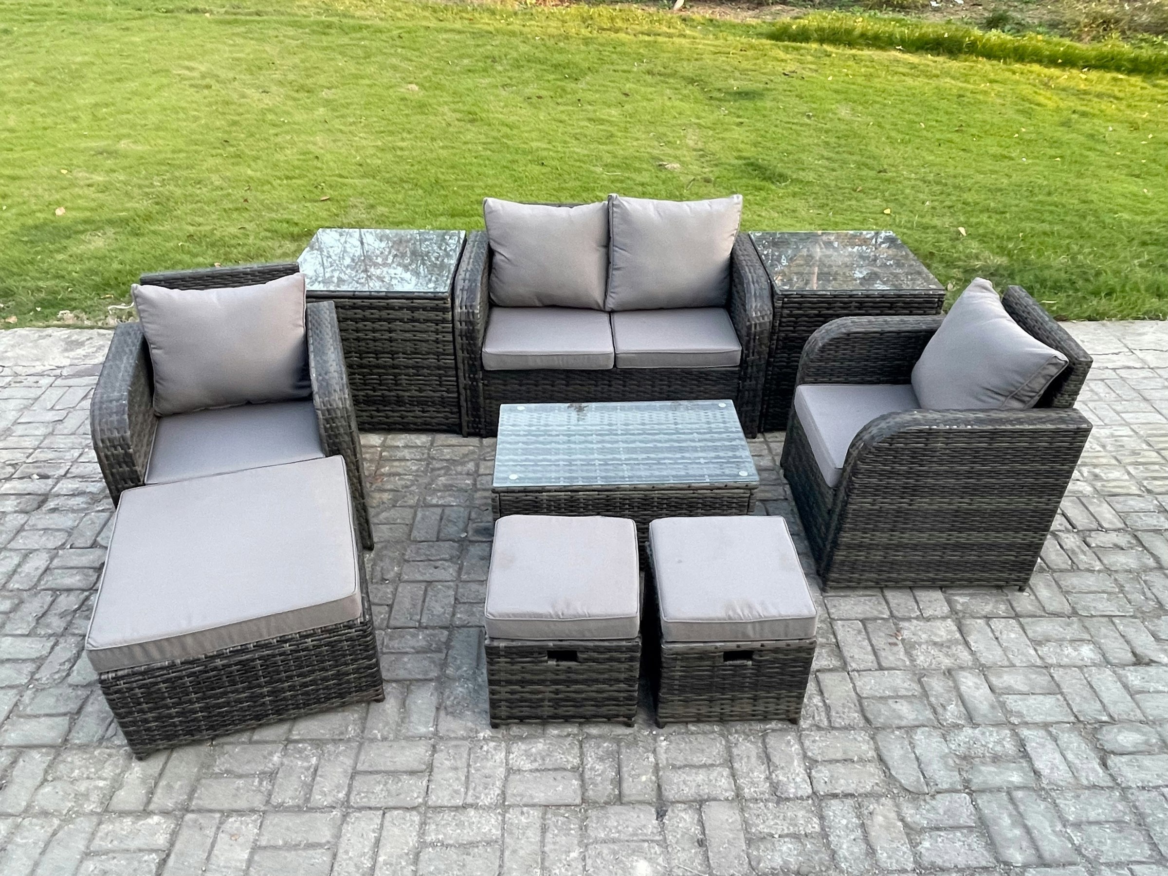 Rackhams Dark/Grey Wicker Pe Rattan Outdoor Furniture Set Garden Love Sofa Coffee Table 2 Armchair 3 Footstools 2 Side Tables Mixed