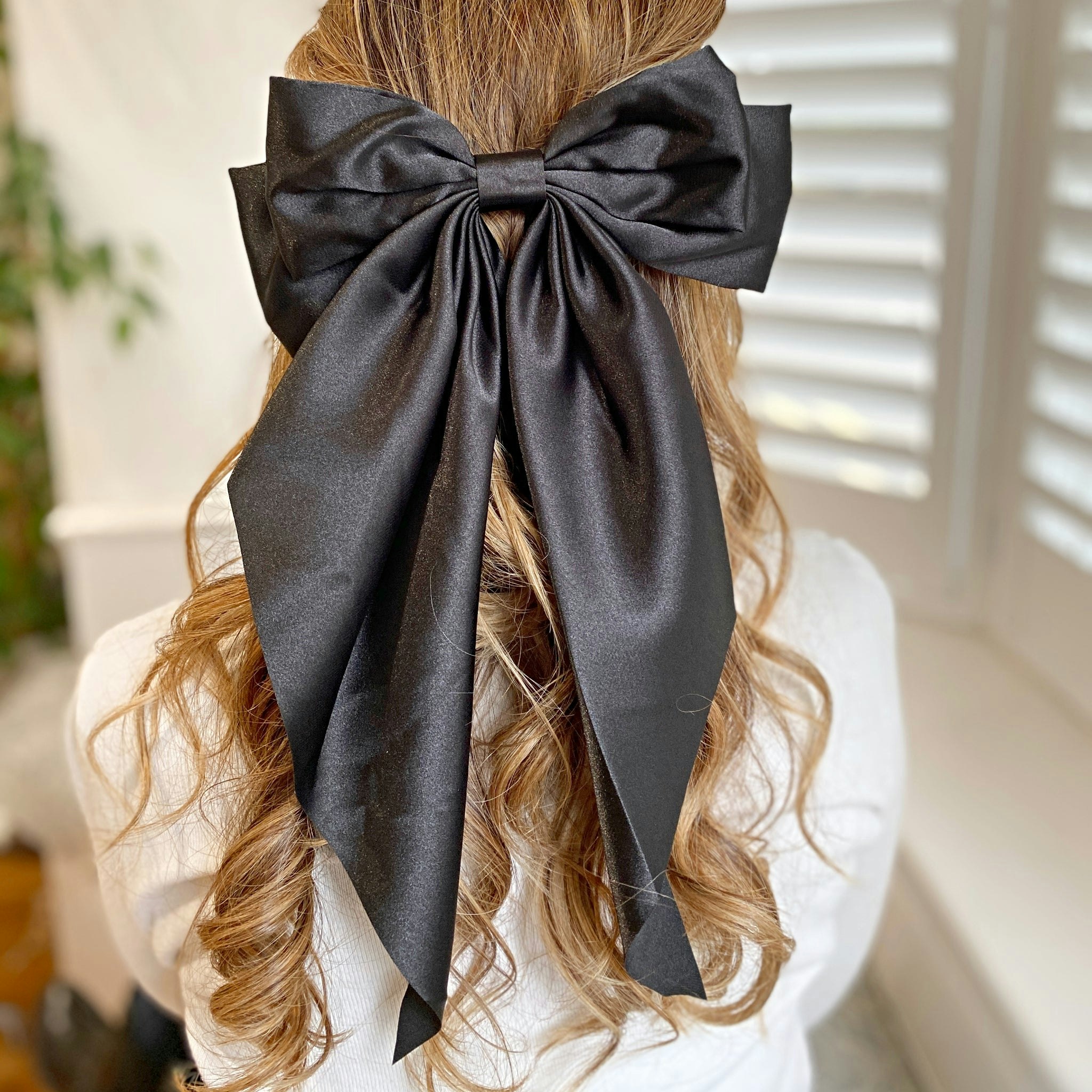 Queenmee Accessories Black Satin Hair Bow Hair Clip Long Bow