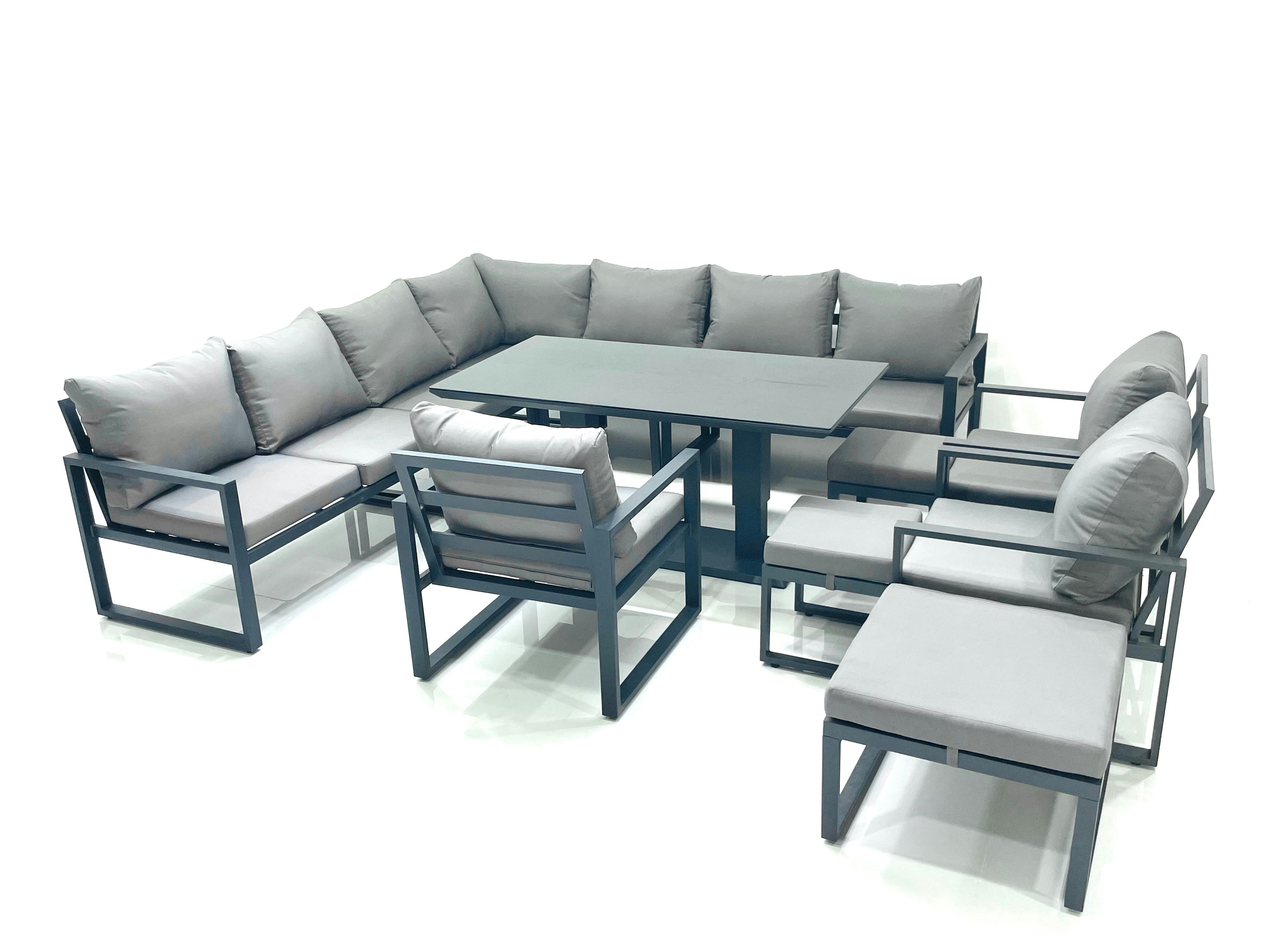 Rackhams Dark/Grey 13 Seater Outdoor Aluminum Garden Furniture Set Corner Sofa 3 Chair 3 Footstools Adjustable Rising Lifting Dining Table Sets