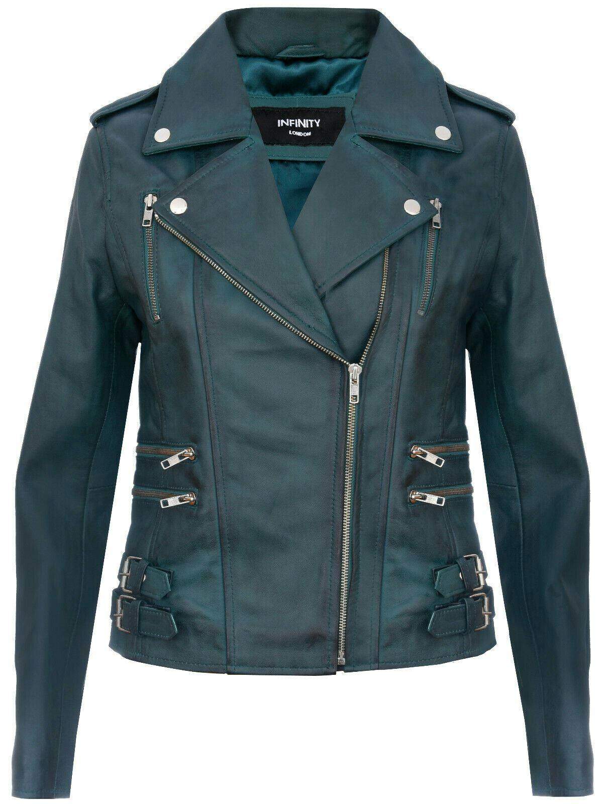 Infinity Leather Women's Leather Brando Biker Jacket-Loddon - Teal - Uk 2XL/18 | Eu 44 | Us 14
