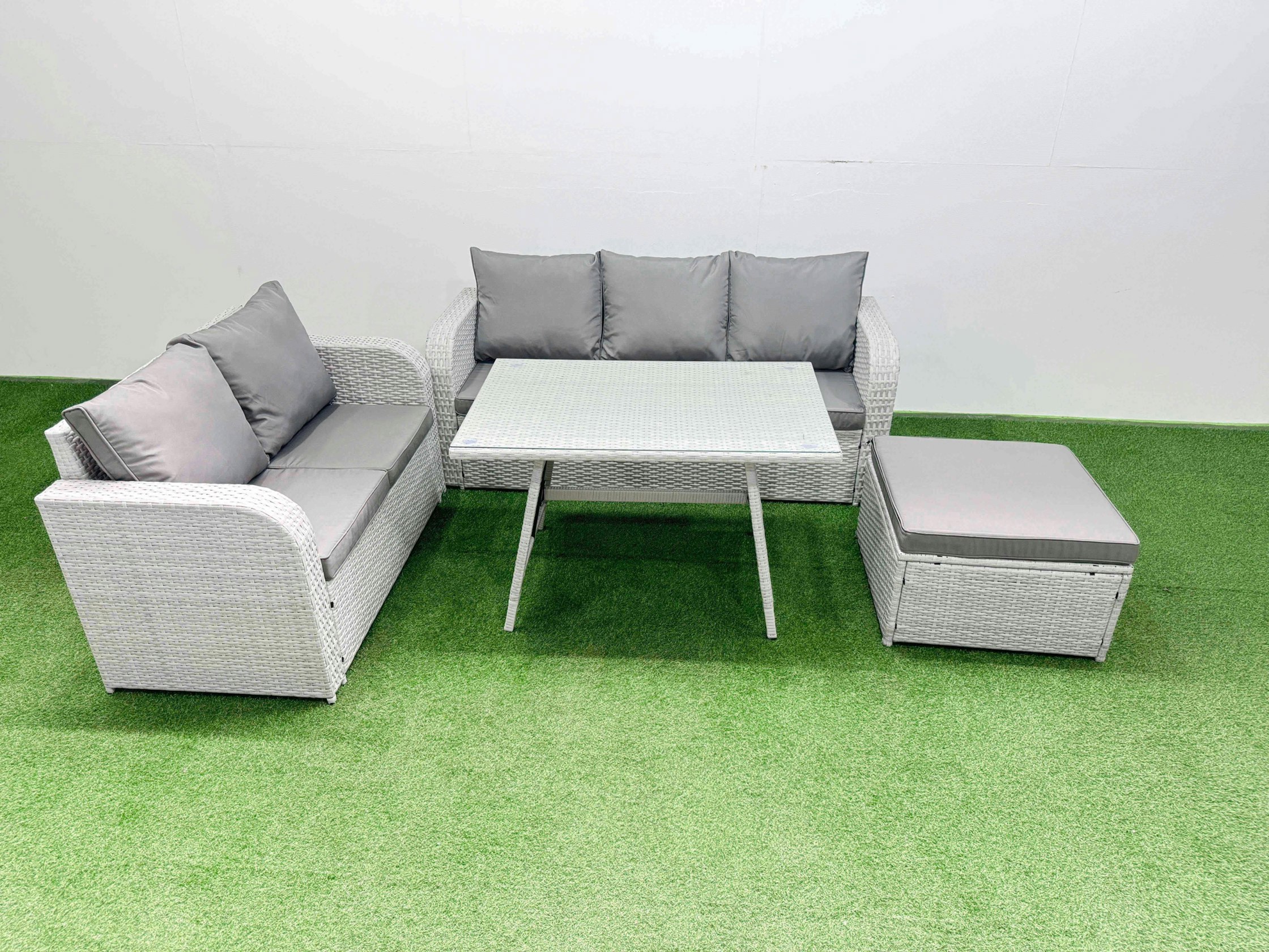 Rackhams Light/Grey Outdoor Pe Rattan Garden Furniture Set Rectangular Dining Table Sofa Set With Big Stool