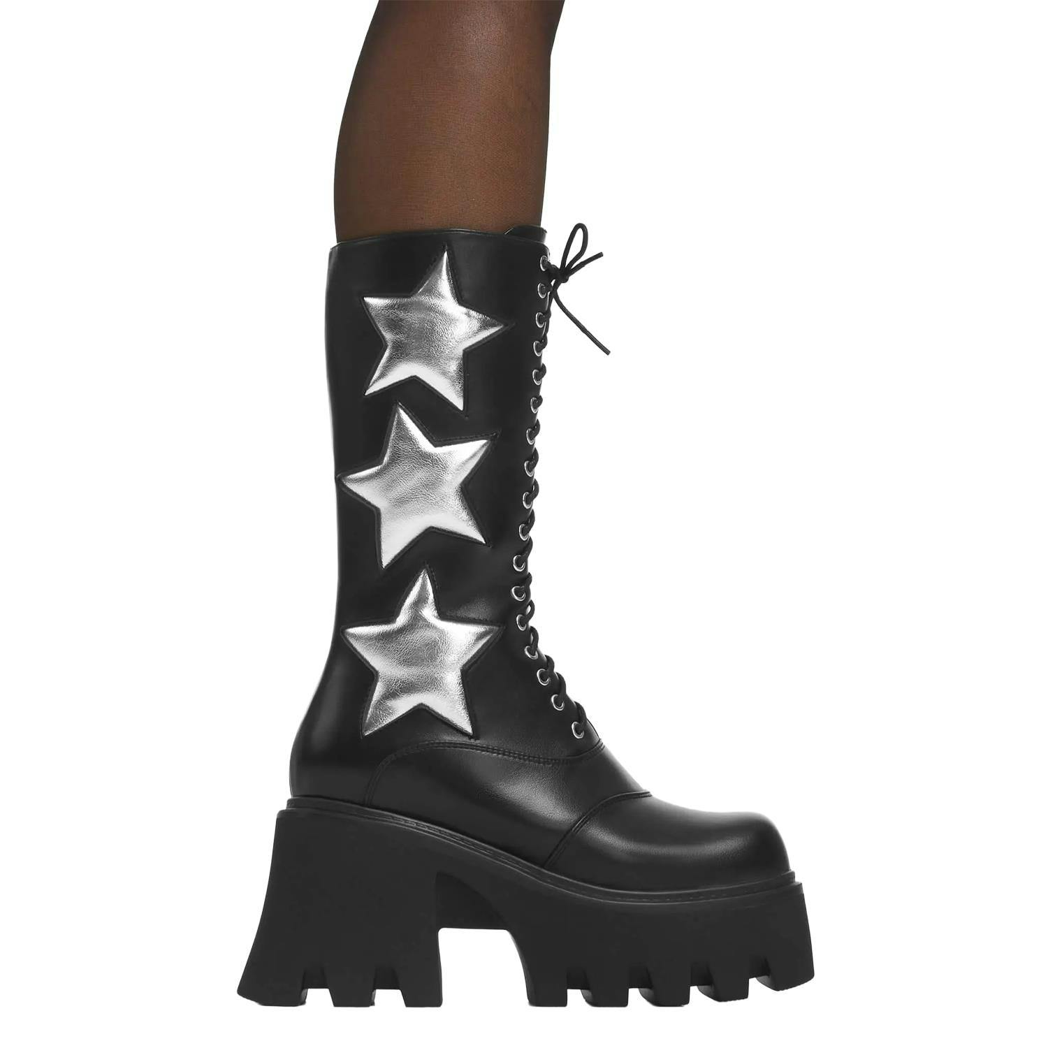 Lamoda Women's Silver Blackpu Big League Chunky Platform Calf Boots Star Bold Fashion - Uk3