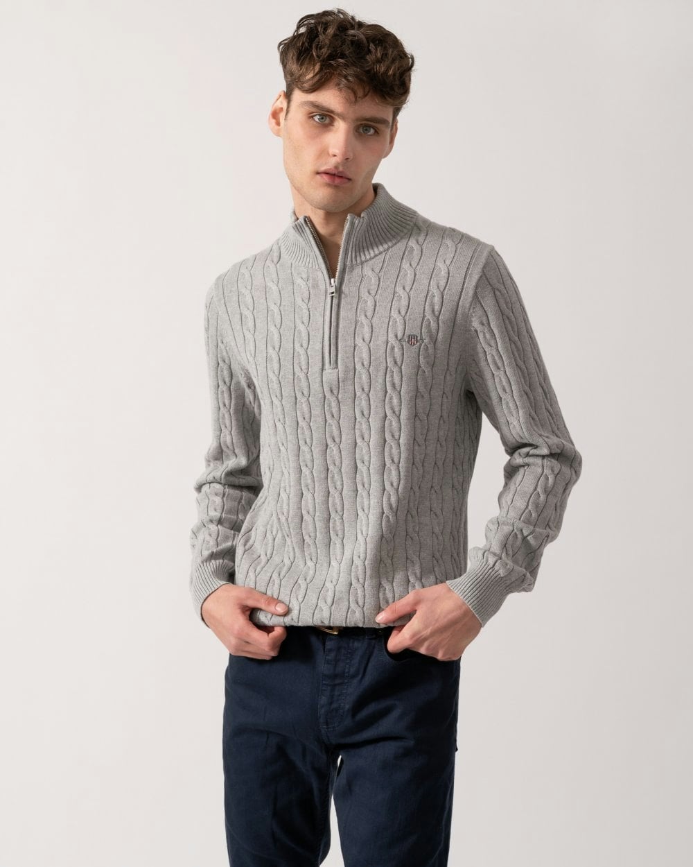 Gant Men's Grey Cotton Cable Half Zip Jumper - 93 Melange - 93 Melange - Xl