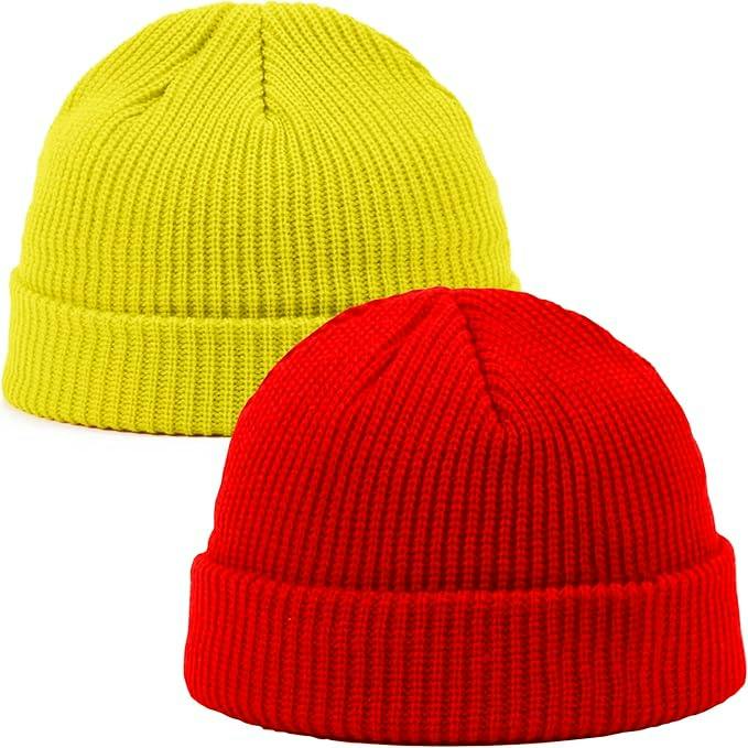 Atek Men's Red/Yellow 2 Pack Fisherman Beanie Hat Short Trawler Skull Cap