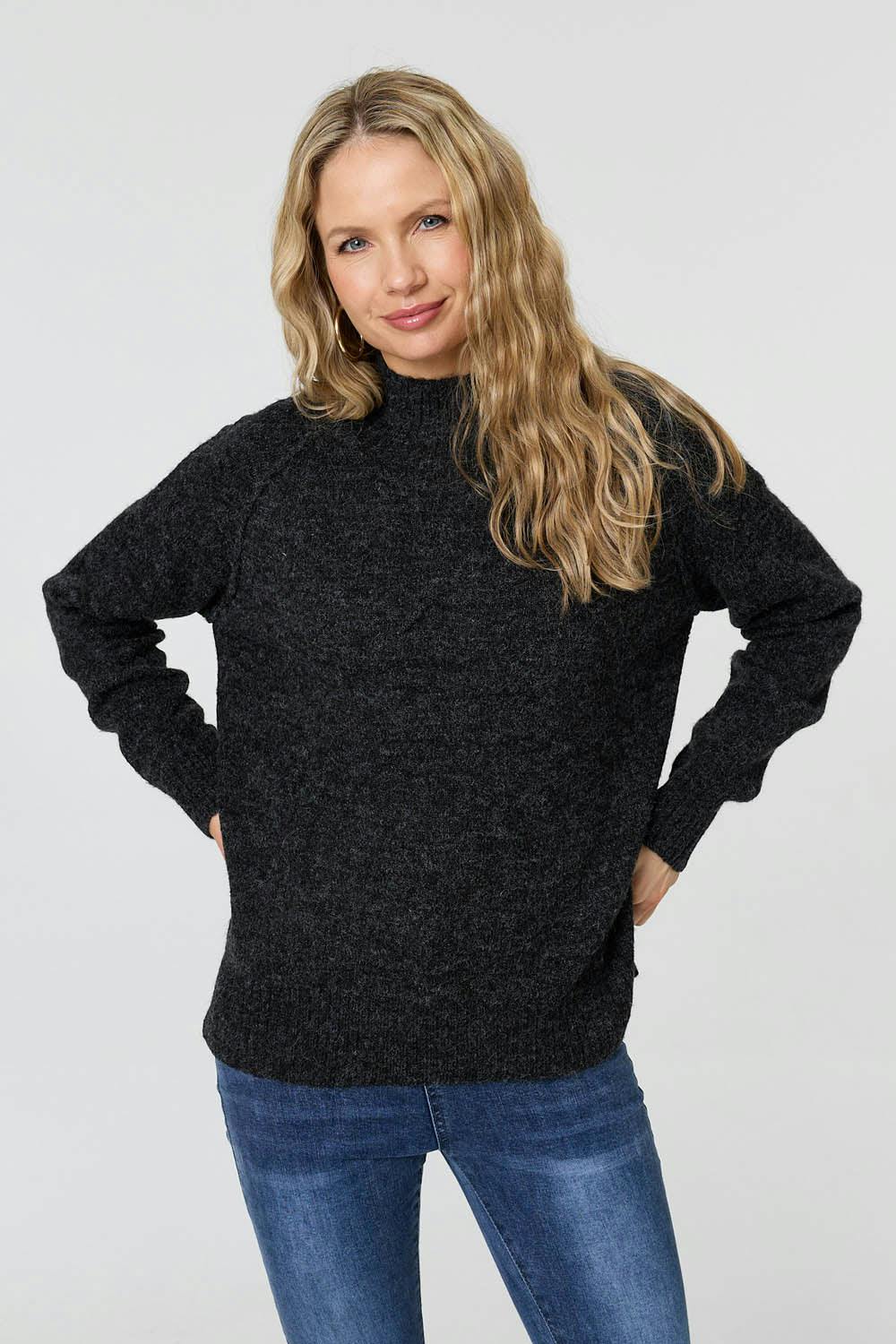 Izabel London Black Textured High Neck Long Sleeve Jumper - 18