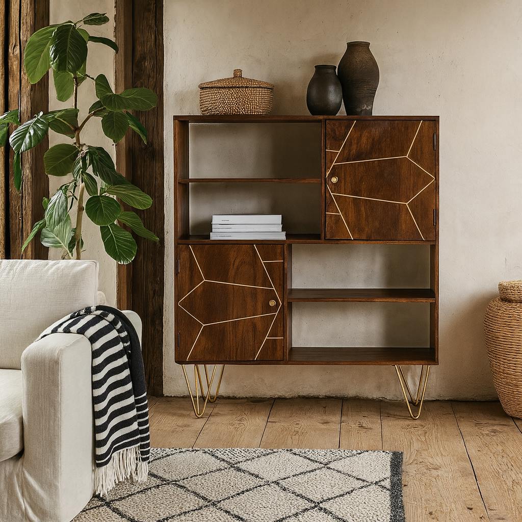 Rackhams Dark/Gold Bandung Mango Wood And Storage Cabinet 4 Shelves 2 Doors
