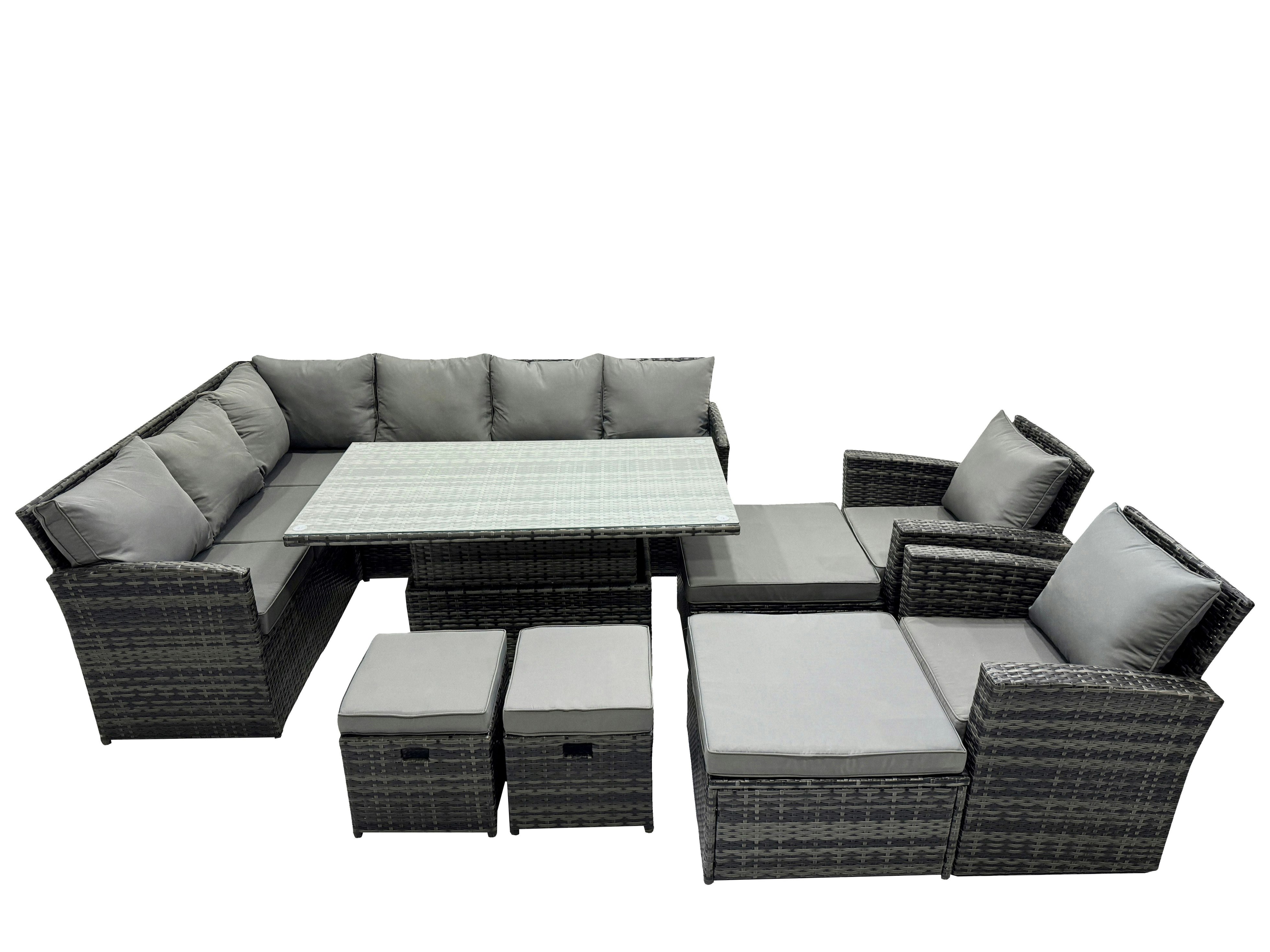 Rackhams Dark/Grey 12 Seat Rattan Outdoor Patio Height Adjustable Rising Lifting Table Corner Sofa Set With 4 Stool 2 Chairs For Garden Backyard Mixed