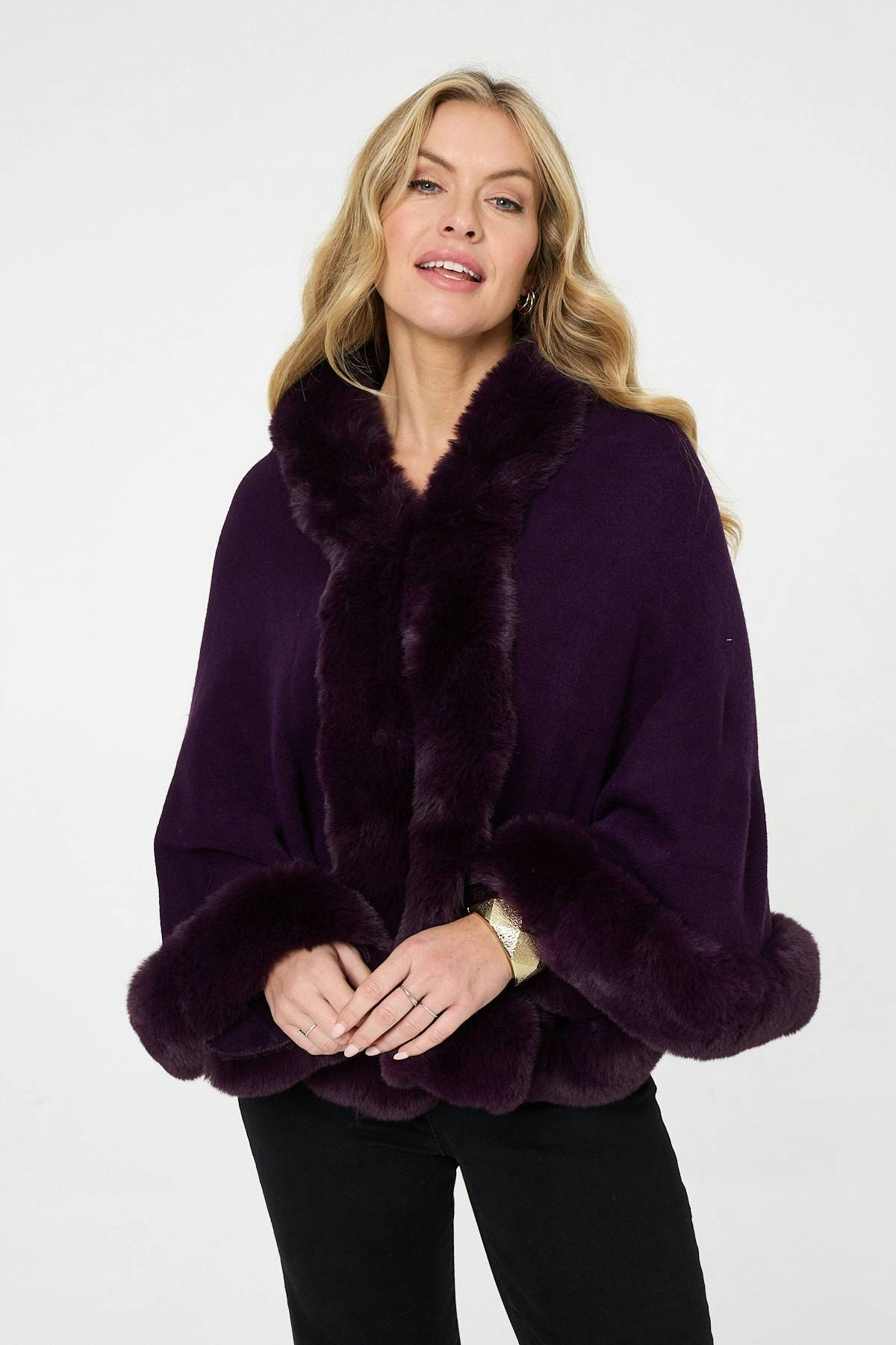 Izabel London Purple Faux Fur Trim Batwing Poncho - One