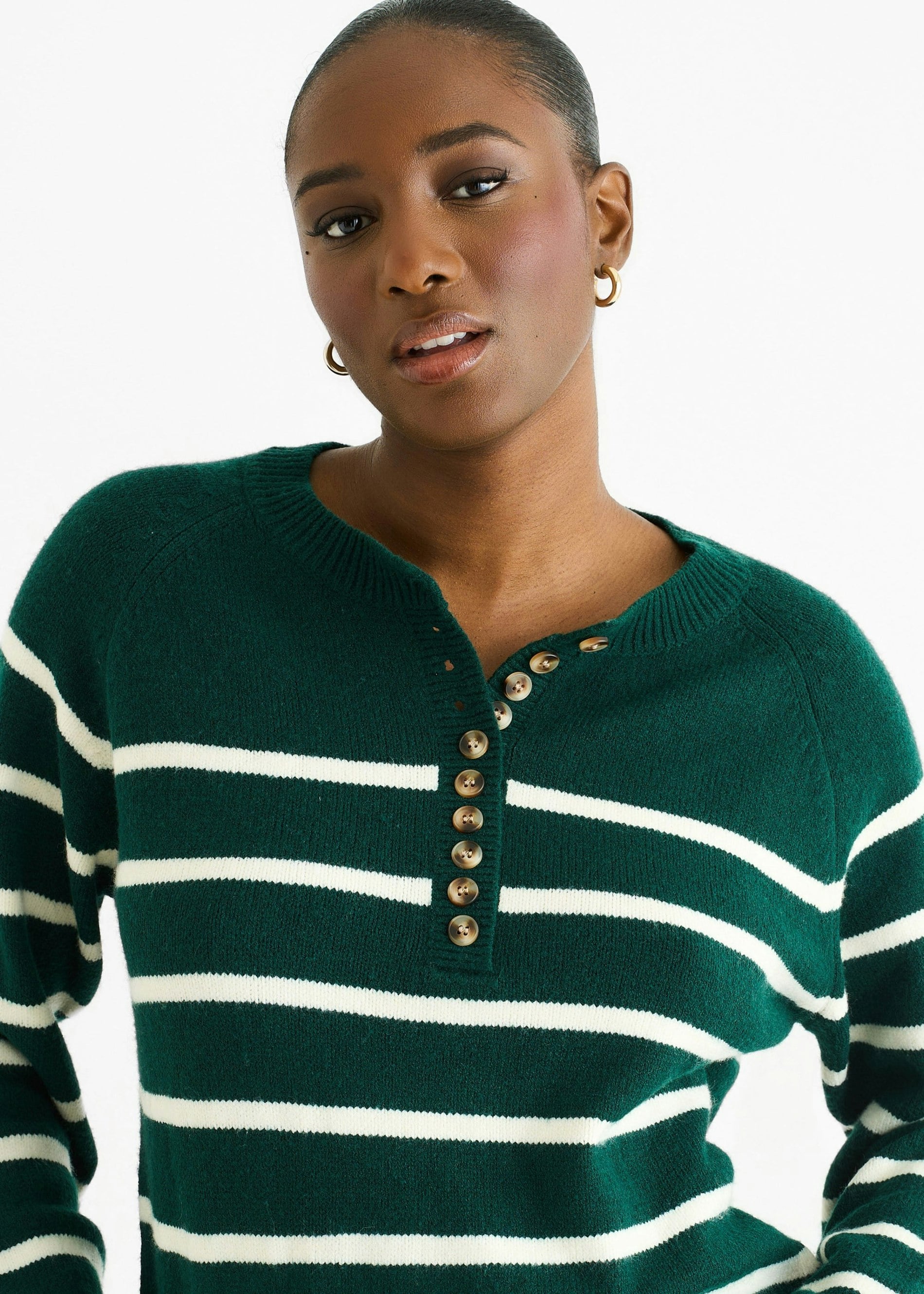 Gini London Green Recycle Mix Stripe Button Up Loose Fit Knit Jumper - Image 3