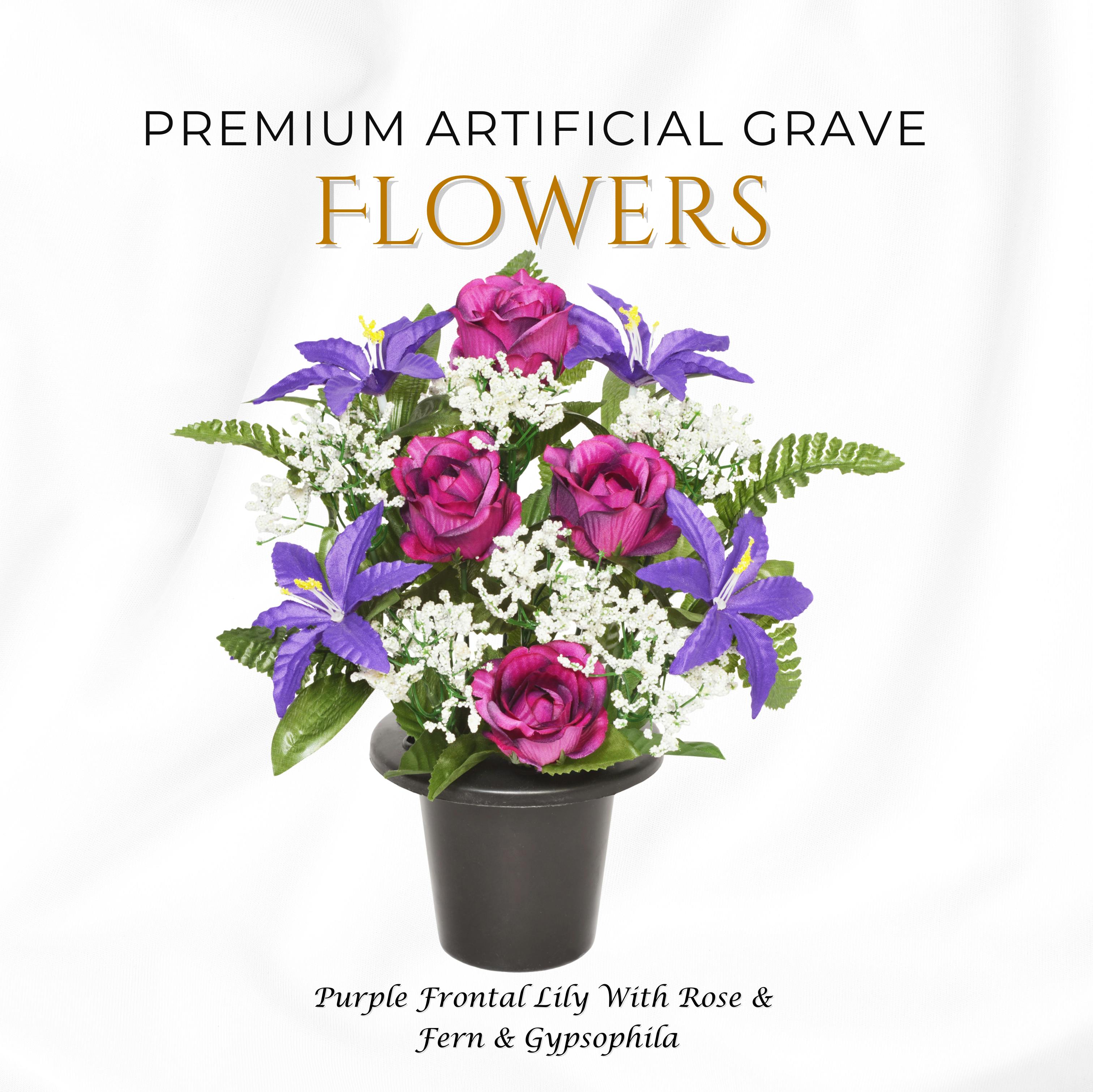 Memorials Direct Purple Premium Artificial Grave Flowers – 29Cm Frontal Lily With Rose & Fern & Gypsophila | Memorial Vase Pot