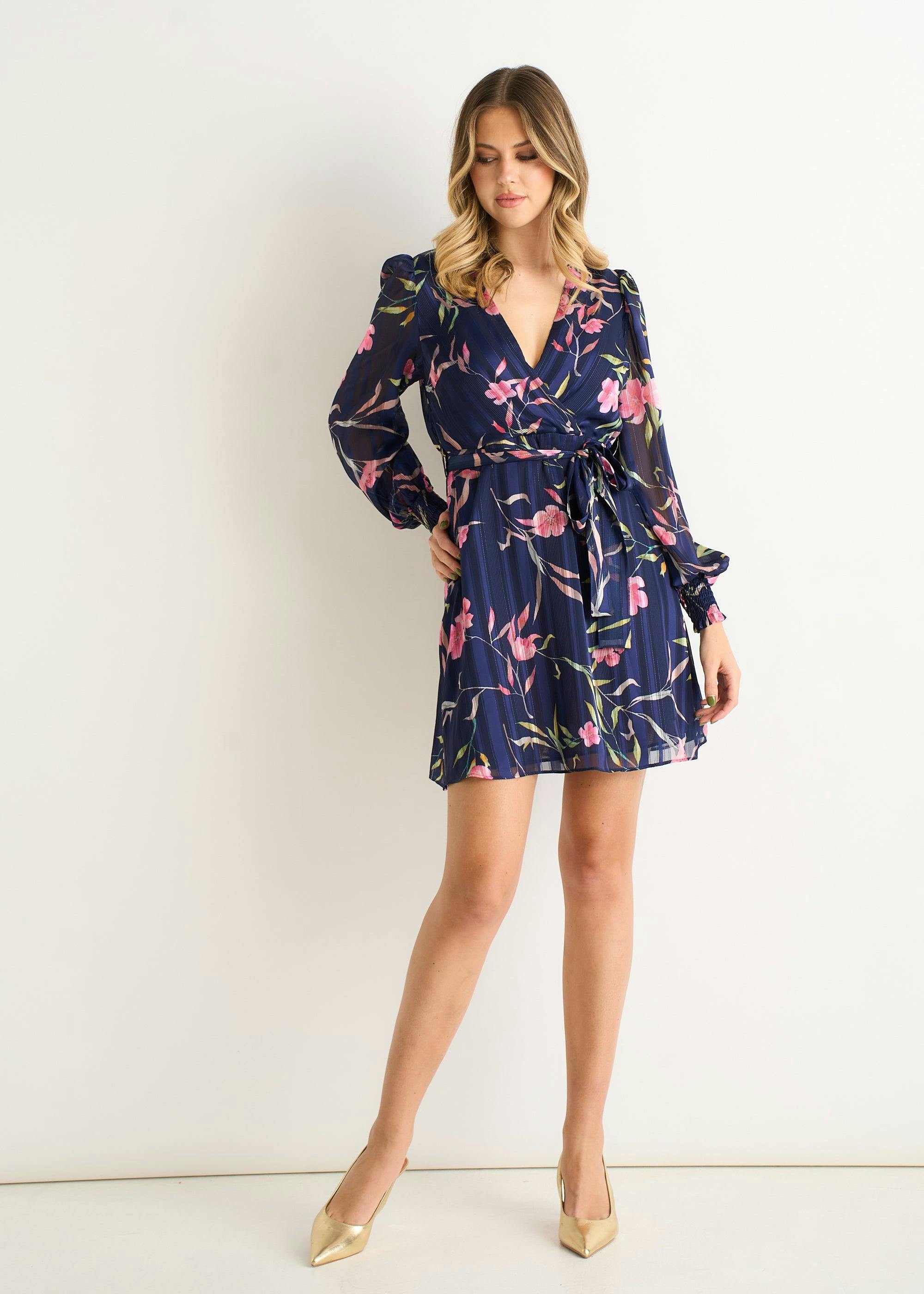 Gini London Navy Floral Print Shimmer Stripe Chiffon Wrap Mini Dress - Uk 14 / Us 10 / Eu 42