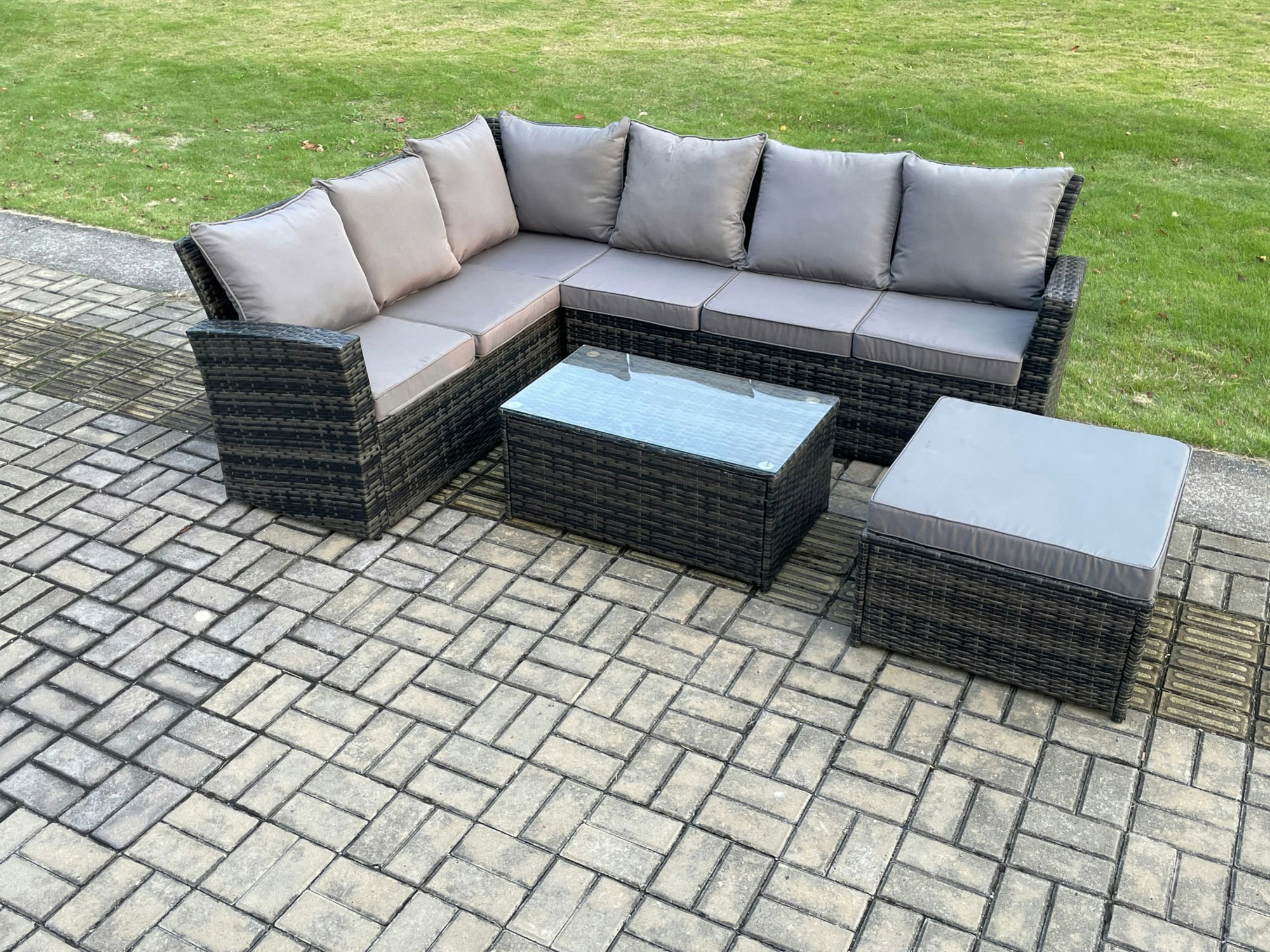 Rackhams Dark/Grey 7 Seater Outdoor Furniture Garden Dining Set Rattan Corner Sofa Set With Rectangular Coffee Table Big Footstool Mixed