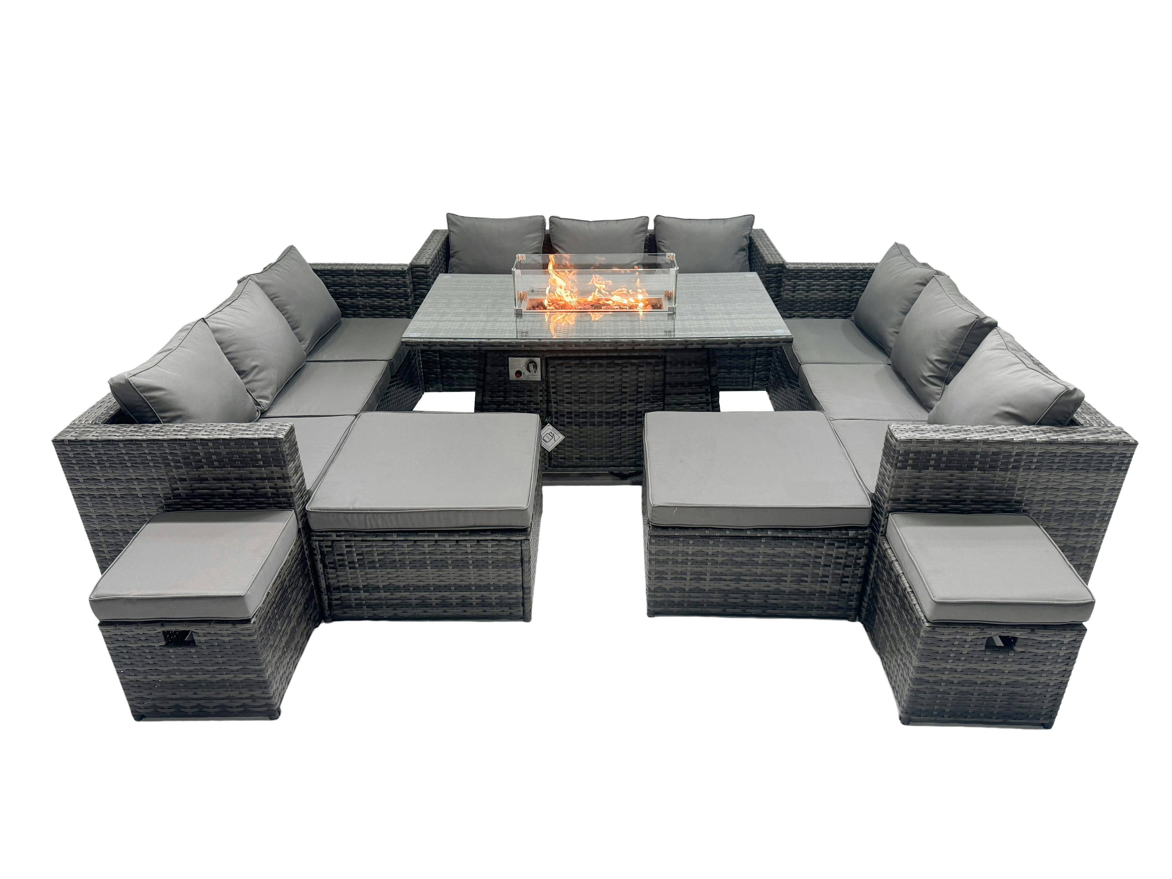 Rackhams Dark/Grey Rattan Garden Furniture Firepit Dining Set Seater Lounge Sofa Table Set With 4 Footstools Size 13