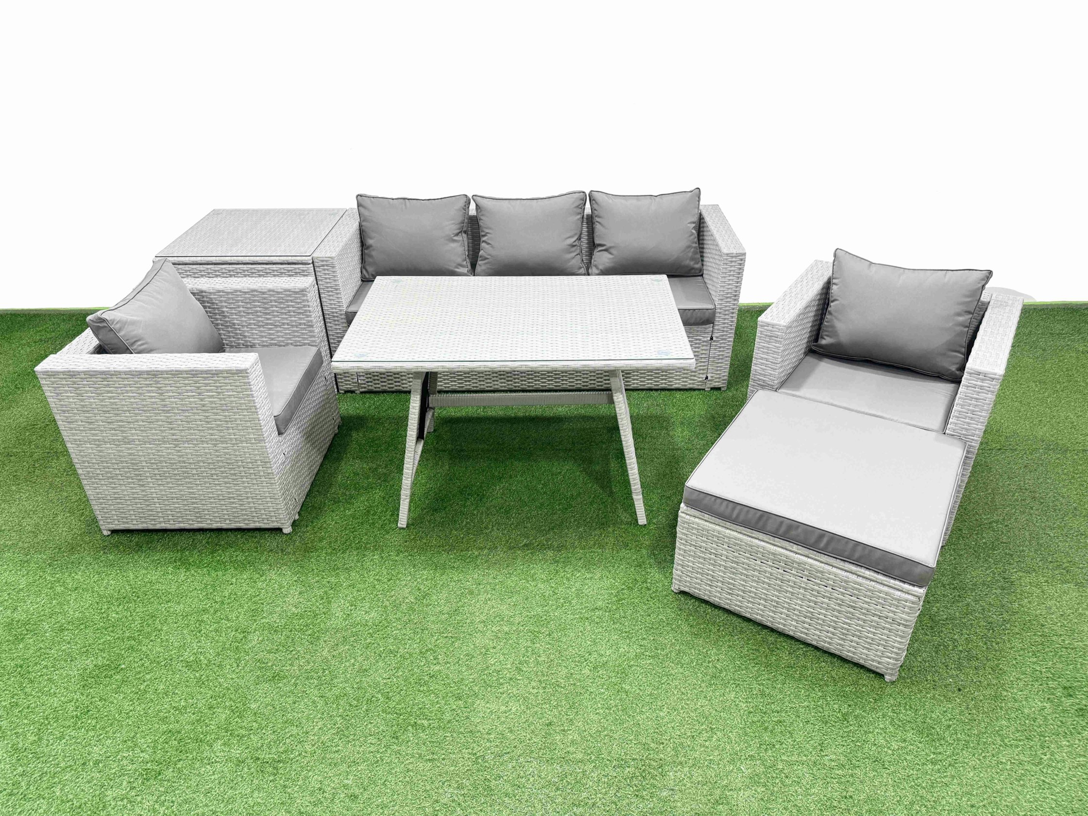 Rackhams Light/Grey 7 Pieces Outdoor Pe Rattan Sofa Armchair Set Patio Garden Furniture Sets With Cushions Side Table Big Stool