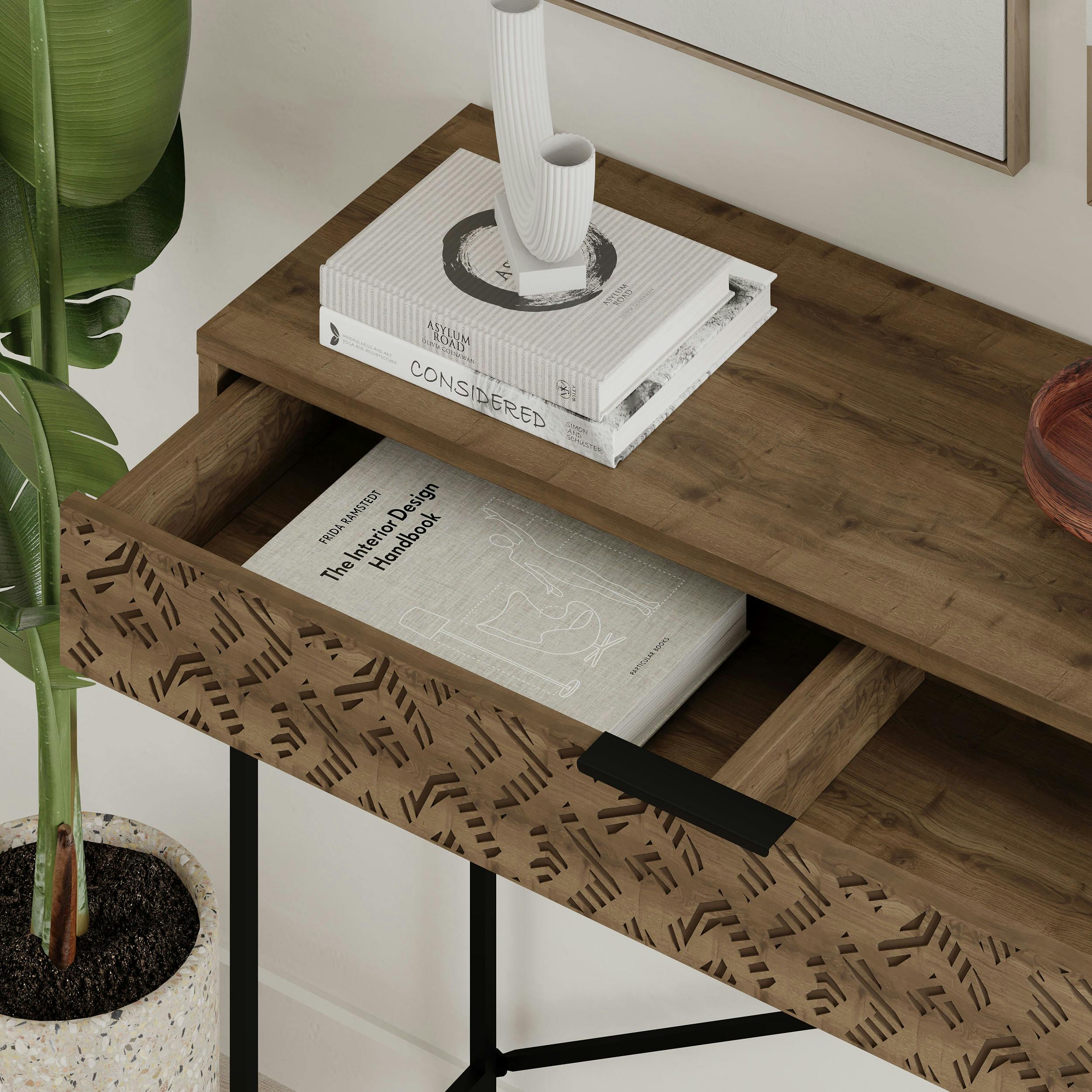 Rackhams Dark Modern Heaton Console 1-Drawer Storage Sideboard Elegant Metal Legs 110(W)Cm - Oak