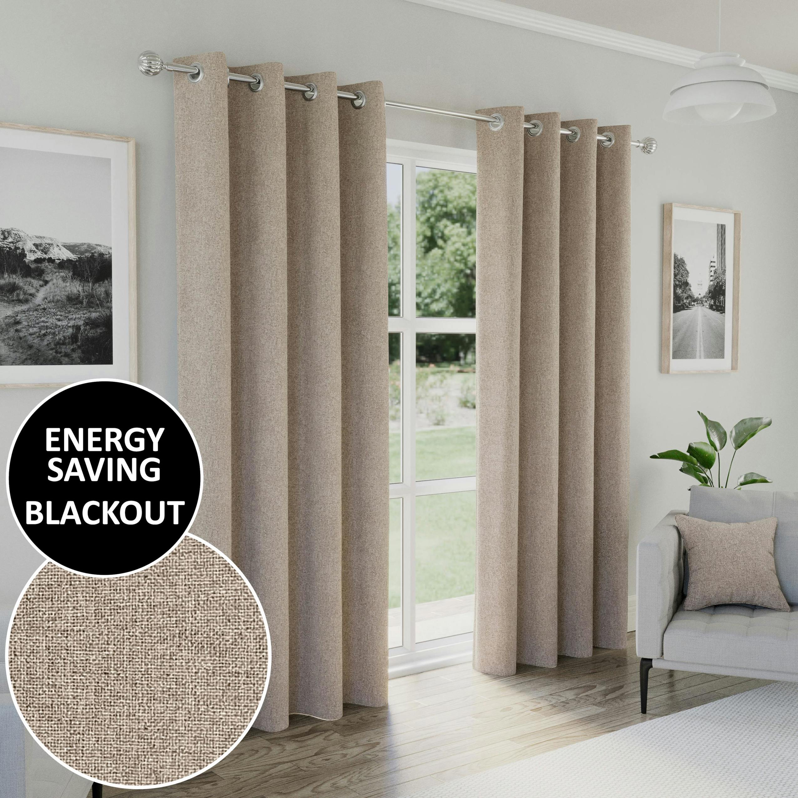 Enhanced Living Light Natural Textured Basketweave 100% Blackout Curtains - Thermal/Energy Saving Pair With Eyelets For Living Room & Bedrooms - Natural - 66" (168Cm) Width X 72" (183Cm) Drop